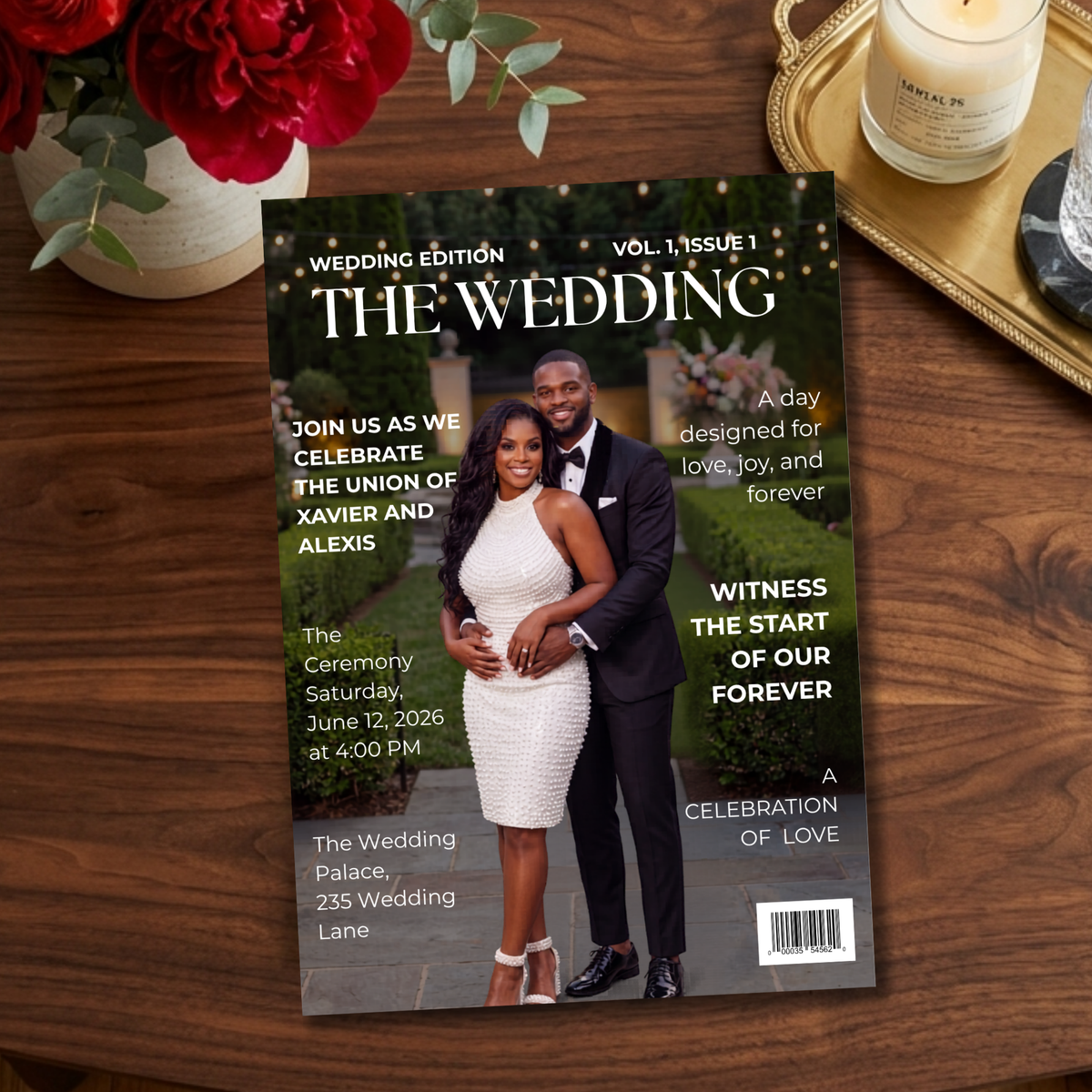 Dark gray magazine-style wedding invitation with couple in white dress and dark suit
