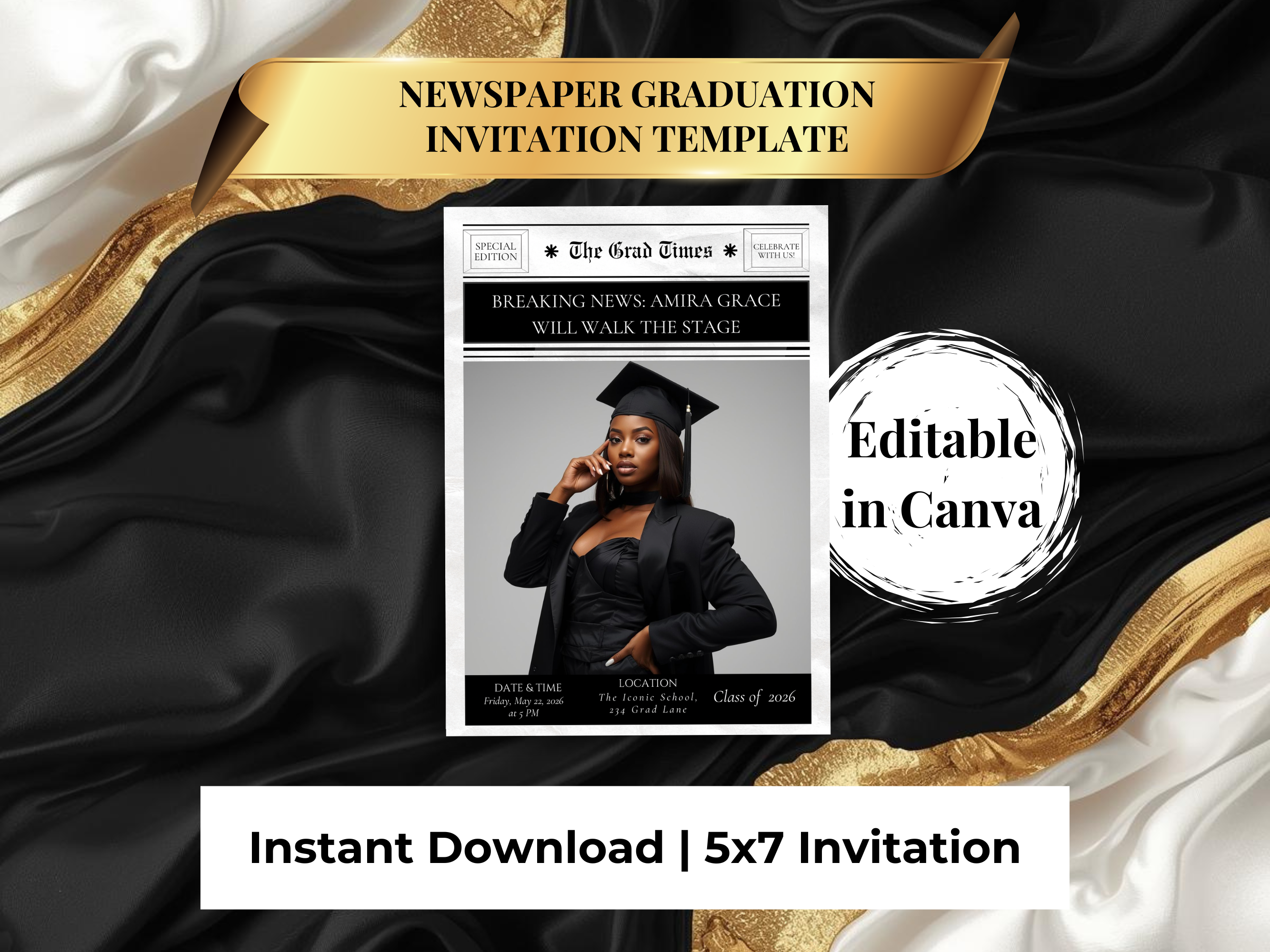 Breaking News Graduation Announcement | Newspaper Style Grad Template | Class of 2026 Editable Invitation