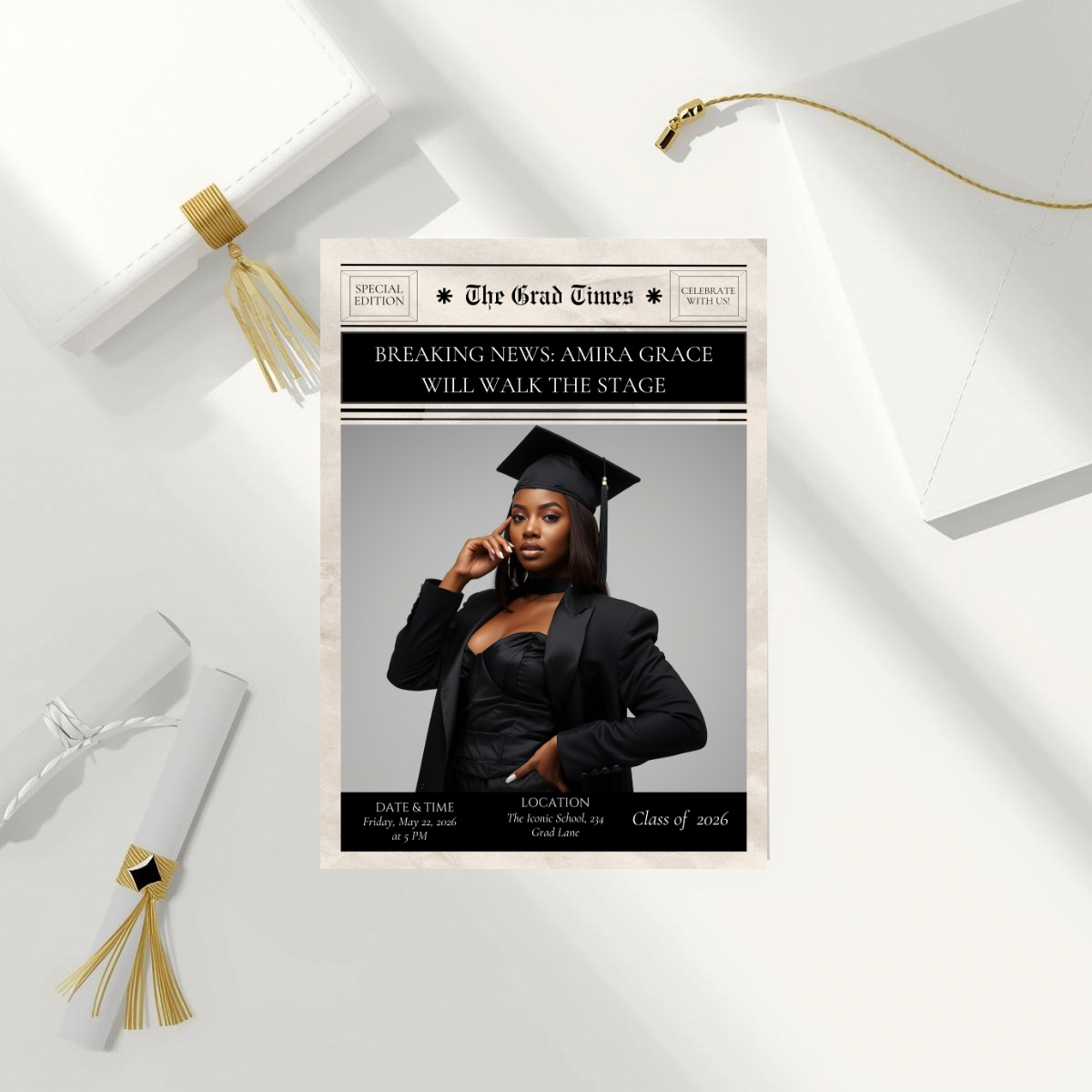 Breaking News Graduation Announcement | Newspaper Style Grad Template | Class of 2026 Editable Invitation