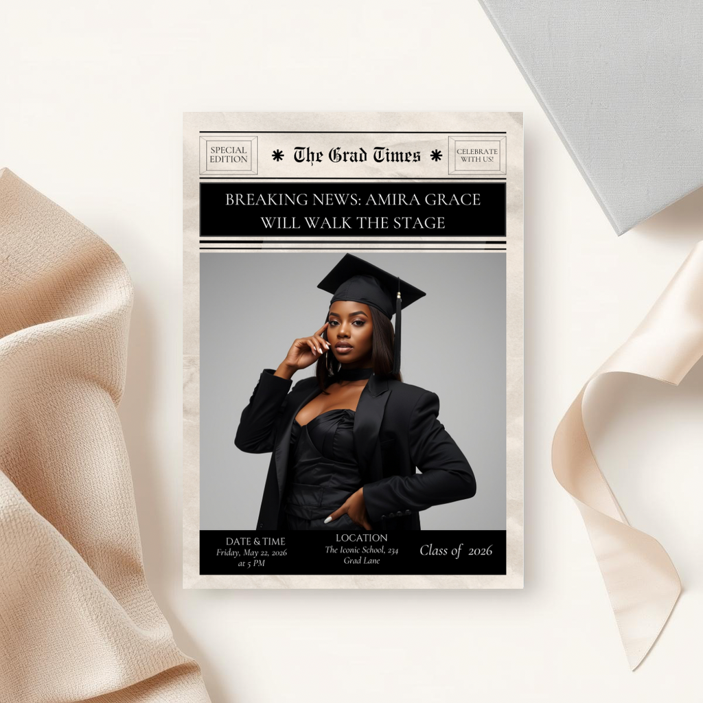 Breaking News Graduation Announcement | Newspaper Style Grad Template | Class of 2026 Editable Invitation