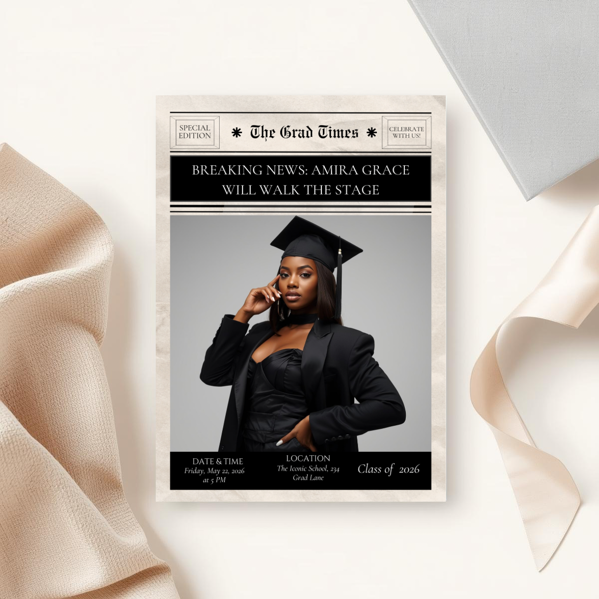 Breaking News Graduation Announcement | Newspaper Style Grad Template | Class of 2026 Editable Invitation