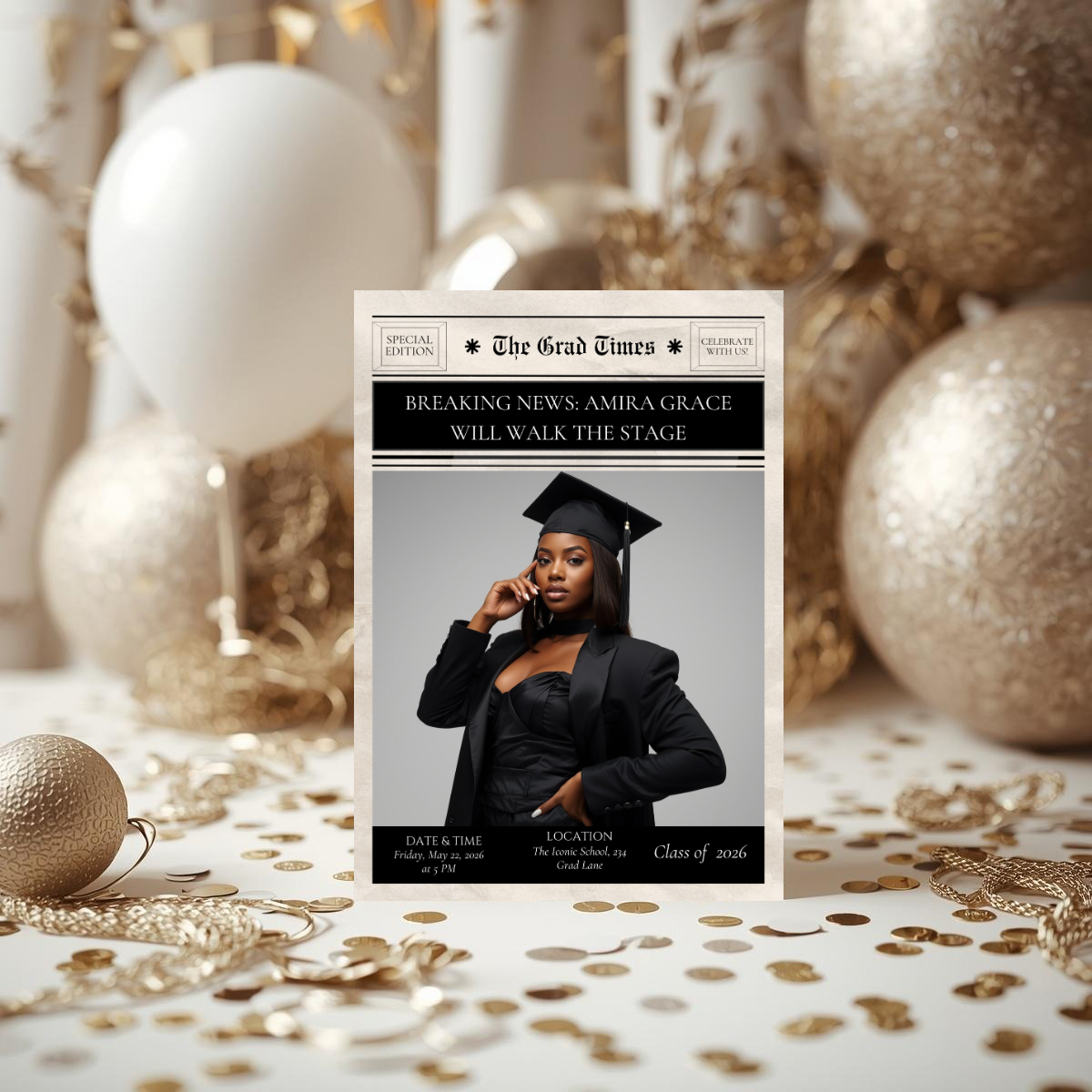 Breaking News Graduation Announcement | Newspaper Style Grad Template | Class of 2026 Editable Invitation