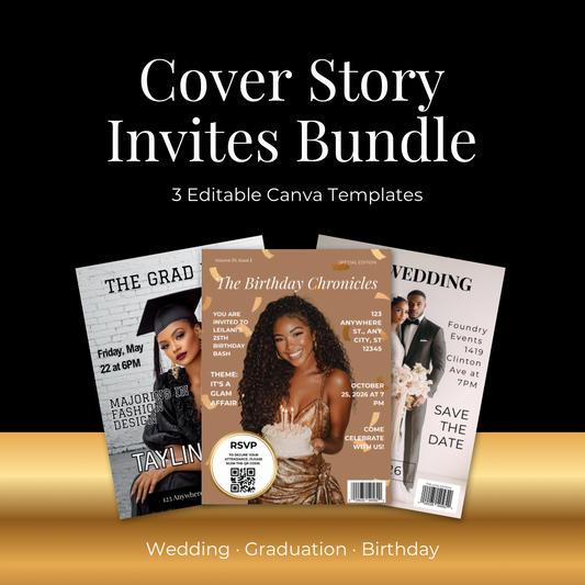 Cover Story Invites Bundle | Wedding, Graduation & Birthday Canva Templates