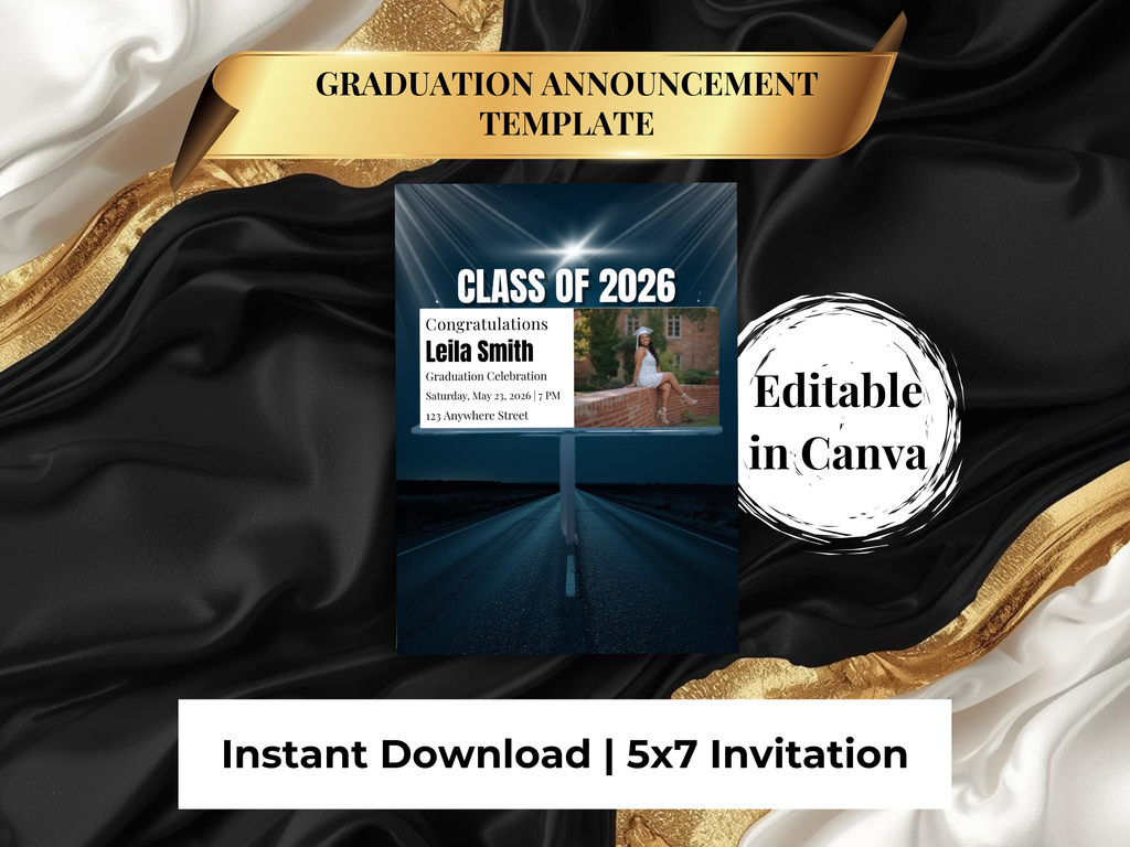 Billboard Graduation Invitation Template | Modern Class of 2026 Flyer | Minimalist Senior Announcement | Clean Editable Grad Invite