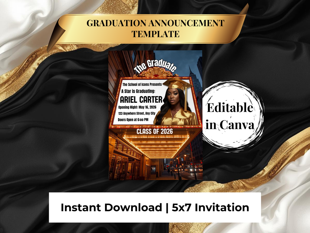 Movie Premiere Graduation Invitation | Semi-Custom Cinematic Grad Announcement Template | Class of 2026 Editable Flyer | Main Character Senior Invite