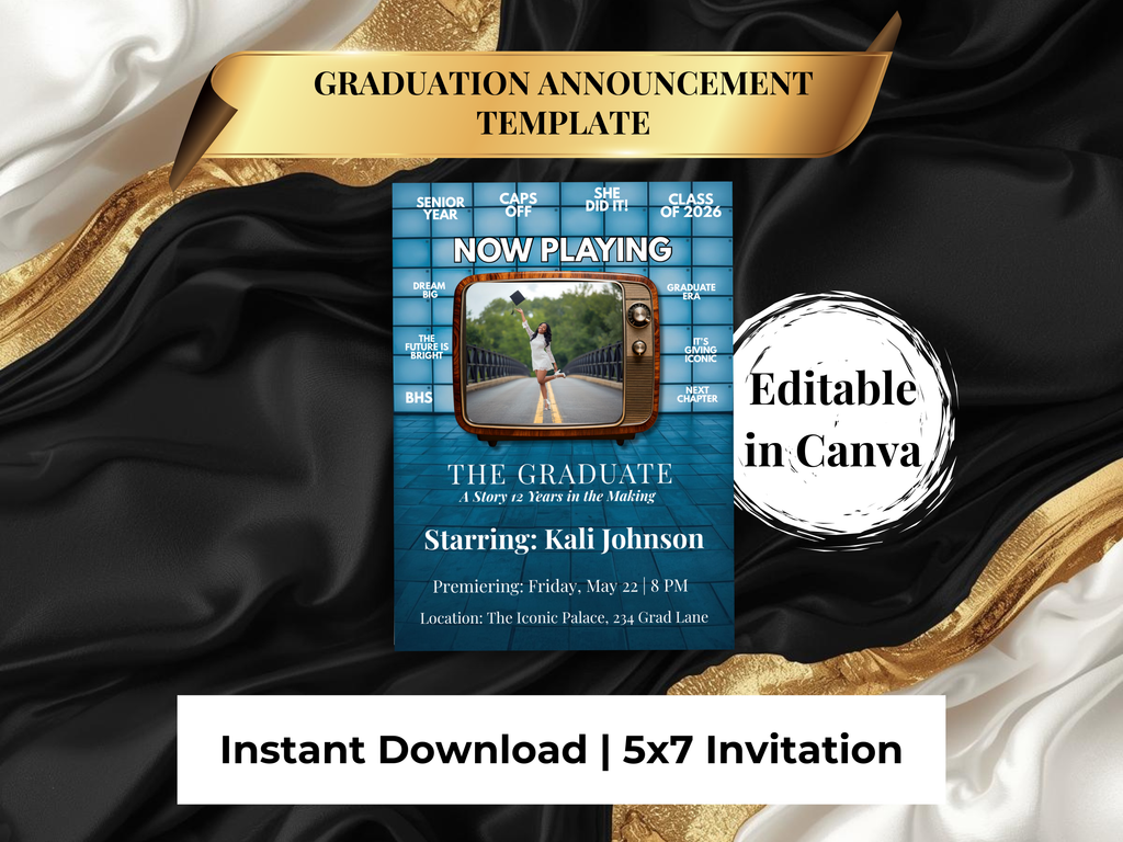 Now Playing Graduation Invitation | Movie Style Senior Announcement | Cinematic Class of 2026 Flyer | Editable Grad Party Template
