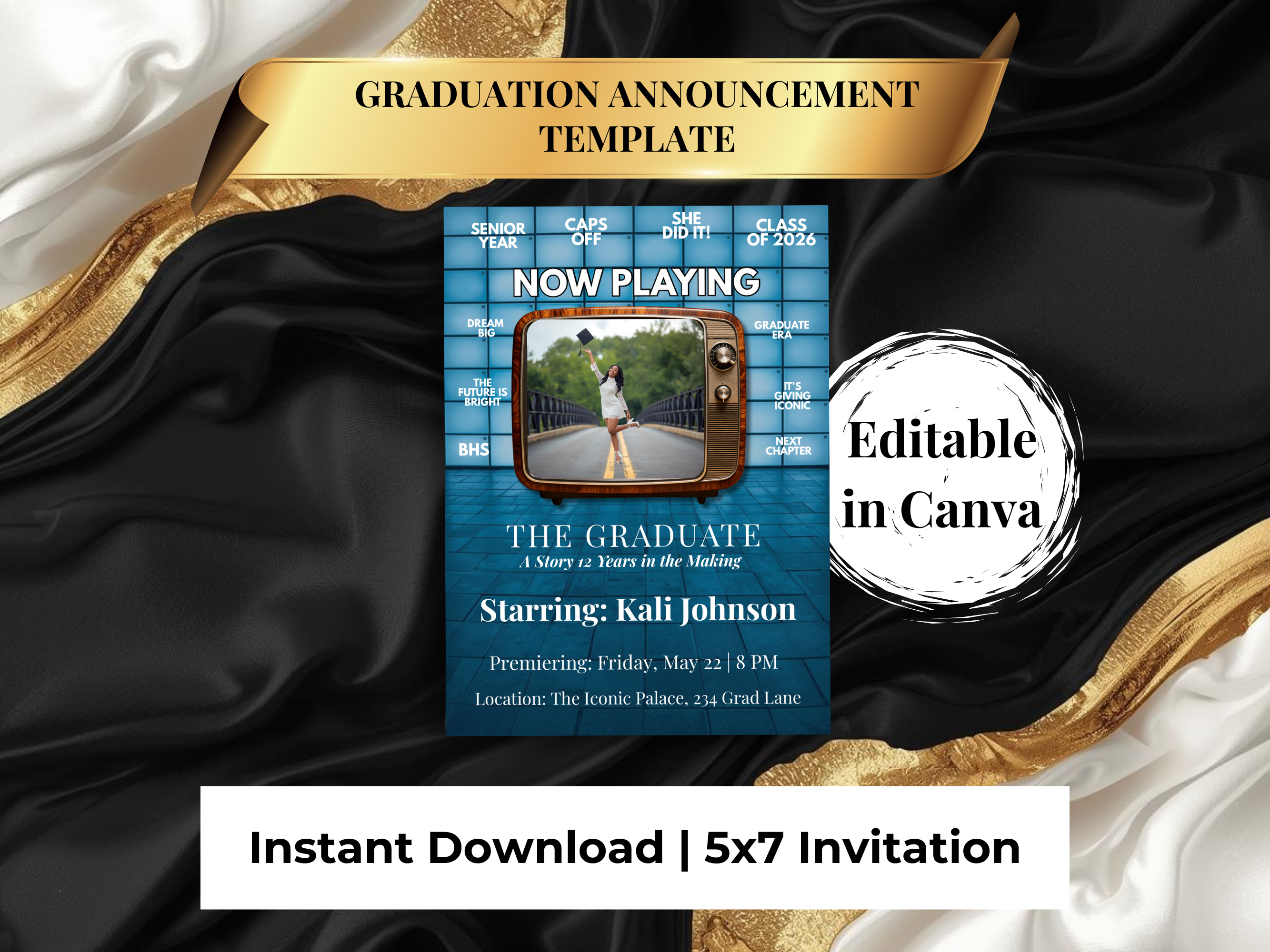 Now Playing Graduation Invitation | Movie Style Senior Announcement | Cinematic Class of 2026 Flyer | Editable Grad Party Template