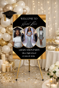 Graduation Welcome Sign Template Editable in Canva | Black Gold Photo Graduation Poster