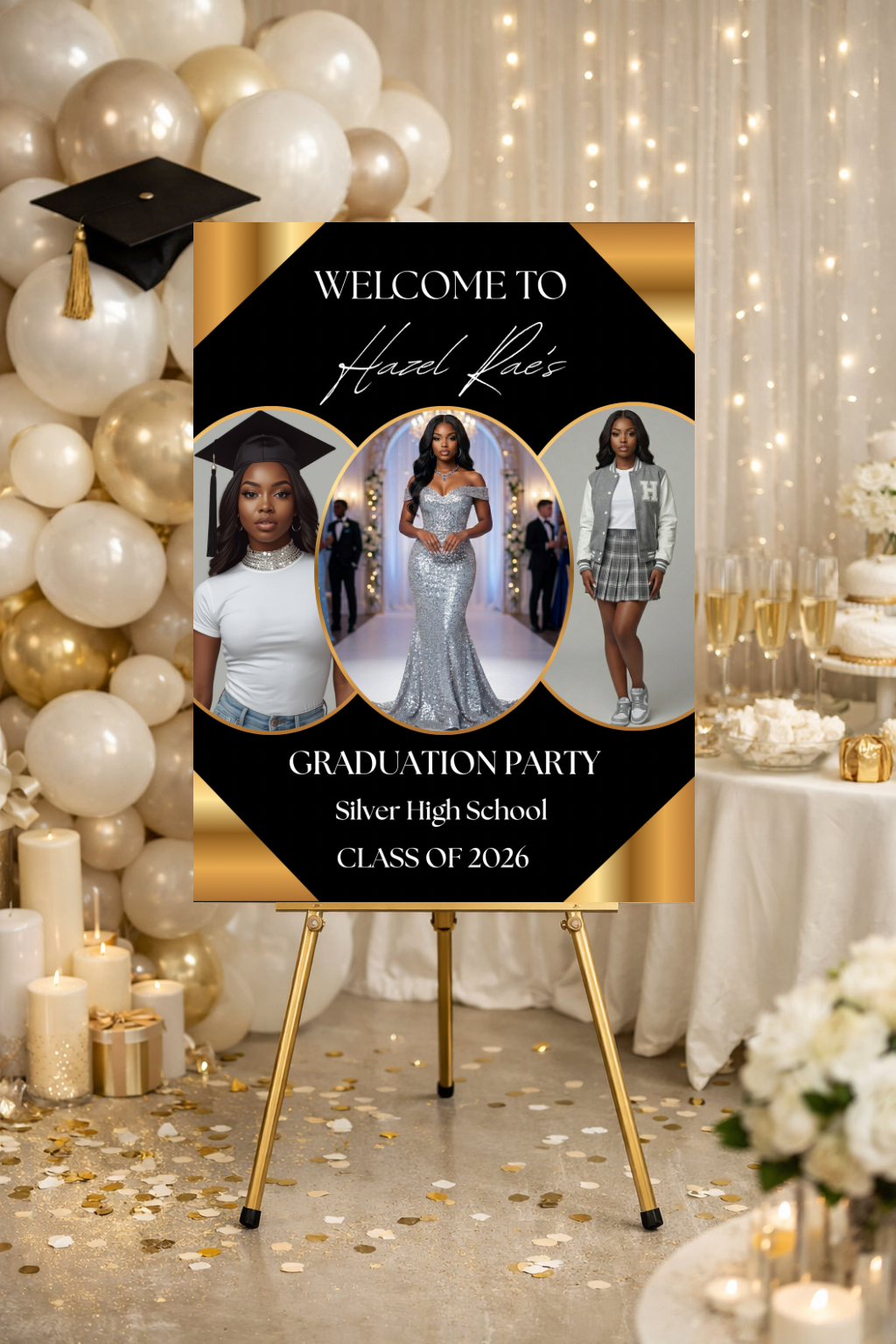 Graduation Welcome Sign Template Editable in Canva | Black Gold Photo Graduation Poster