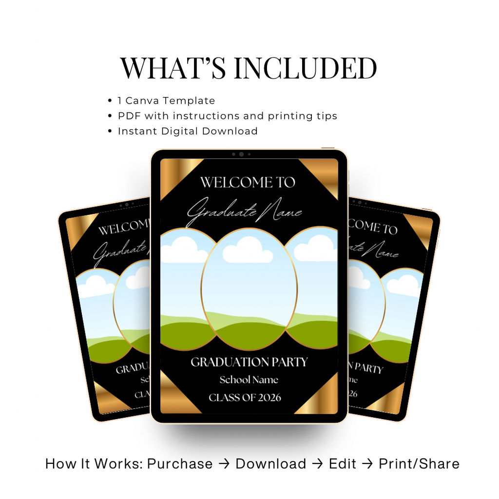 Graduation Welcome Sign Template Editable in Canva | Black Gold Photo Graduation Poster