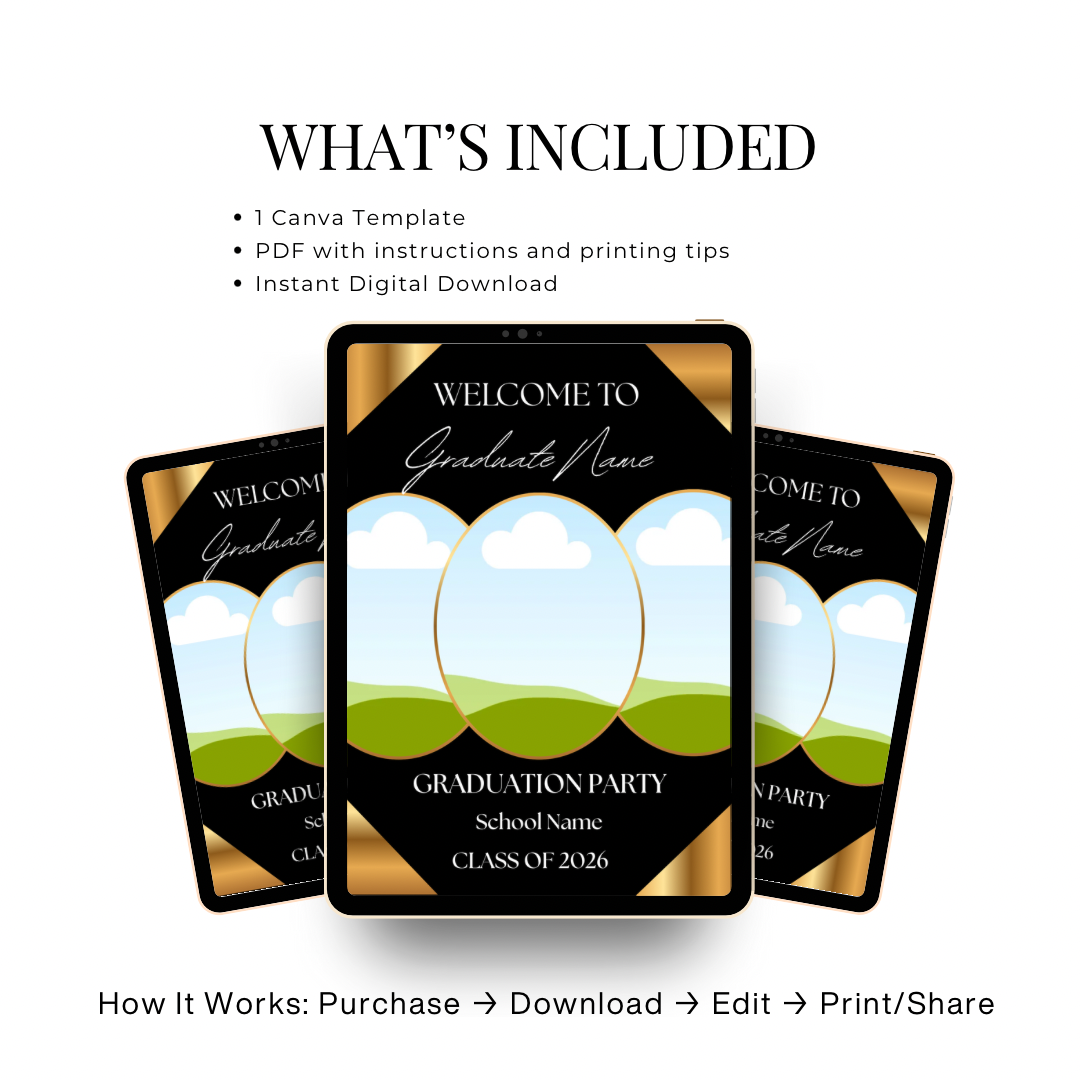 Graduation Welcome Sign Template Editable in Canva | Black Gold Photo Graduation Poster