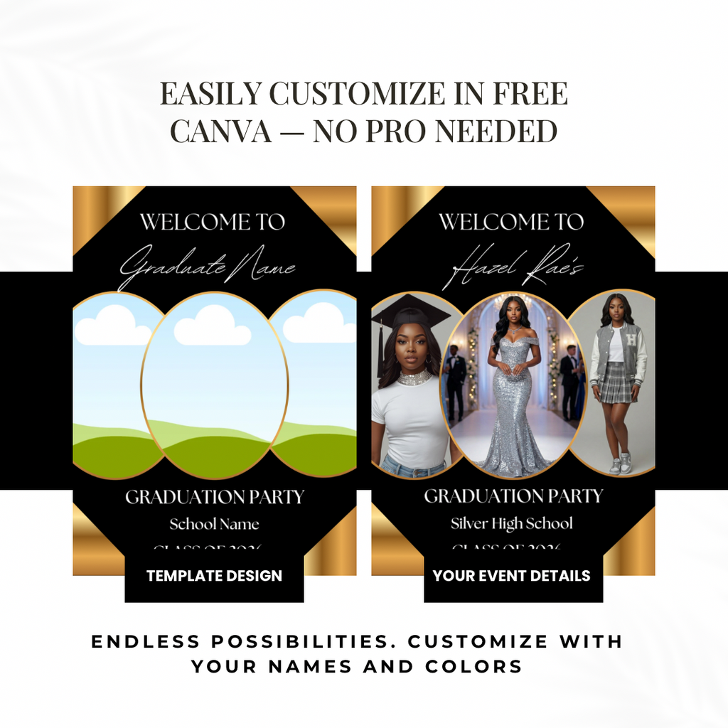 Graduation Welcome Sign Template Editable in Canva | Black Gold Photo Graduation Poster