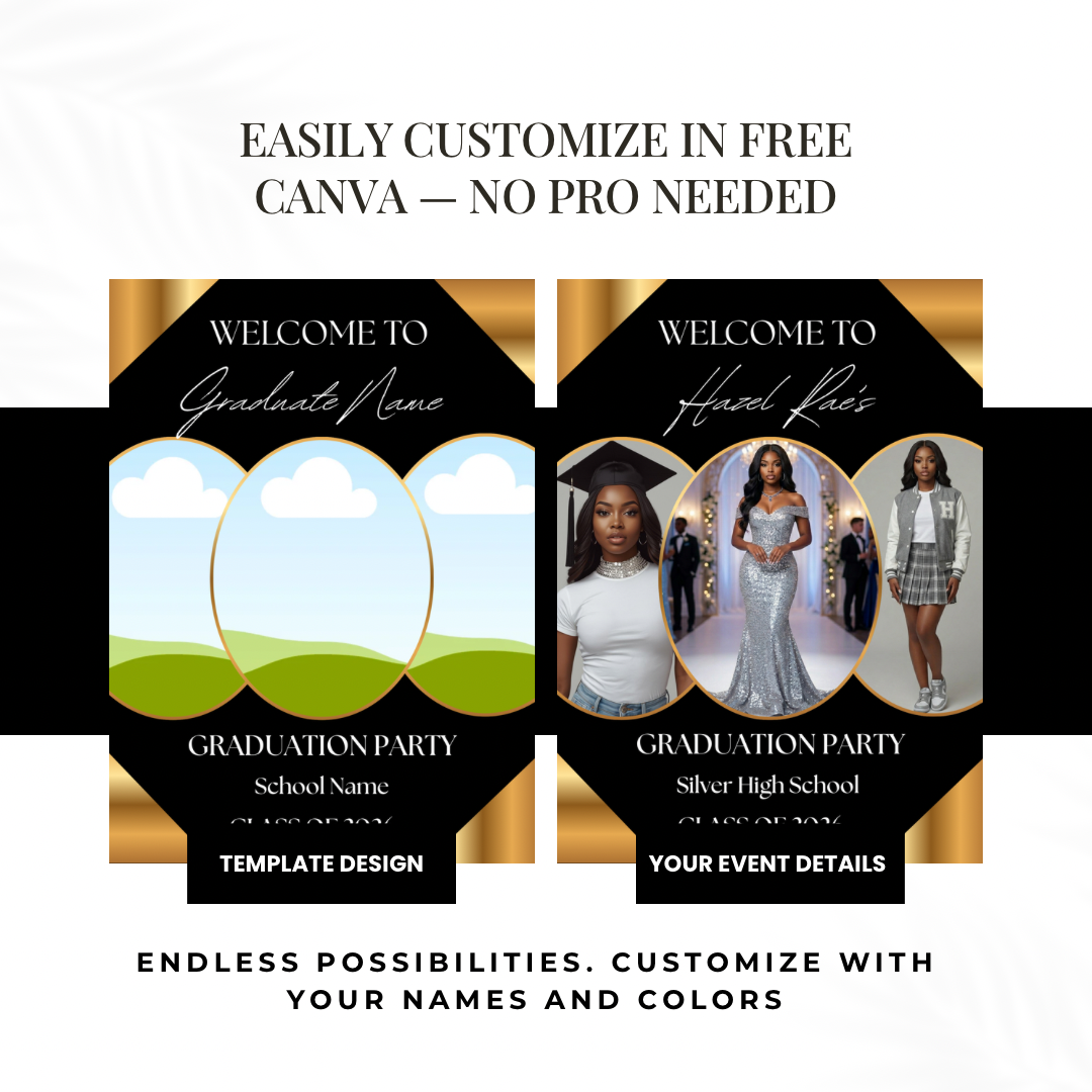 Graduation Welcome Sign Template Editable in Canva | Black Gold Photo Graduation Poster