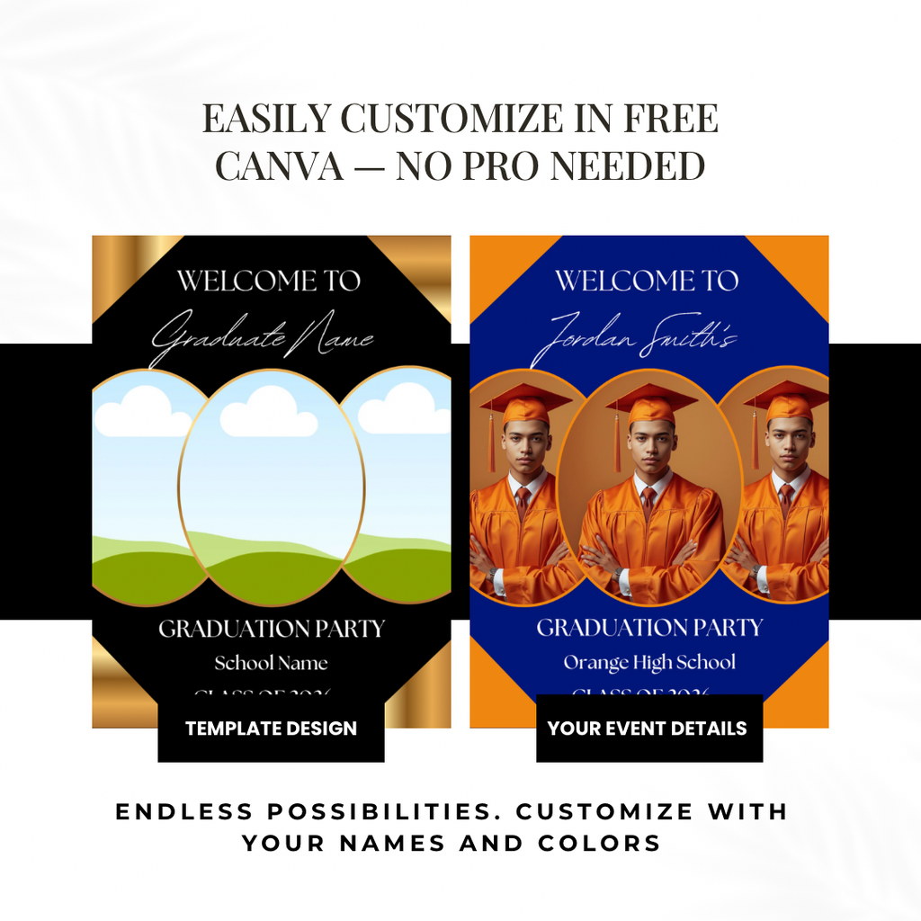 Graduation Welcome Sign Template Editable in Canva | Black Gold Photo Graduation Poster