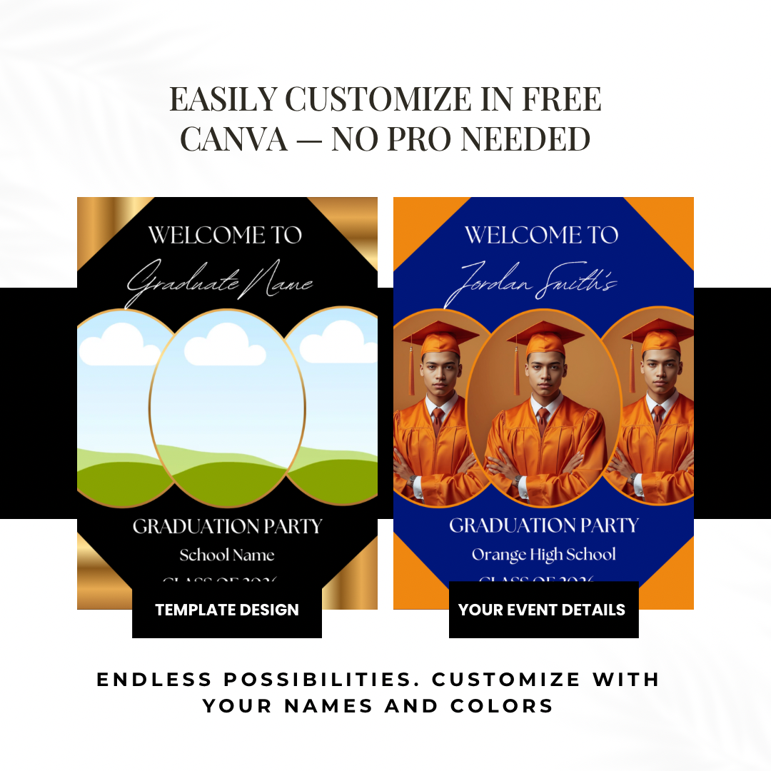 Graduation Welcome Sign Template Editable in Canva | Black Gold Photo Graduation Poster