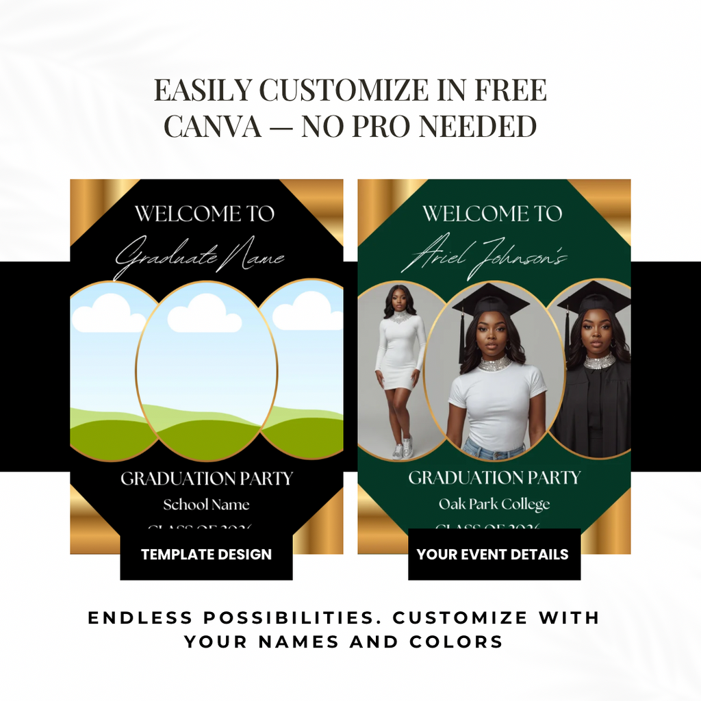 Graduation Welcome Sign Template Editable in Canva | Black Gold Photo Graduation Poster