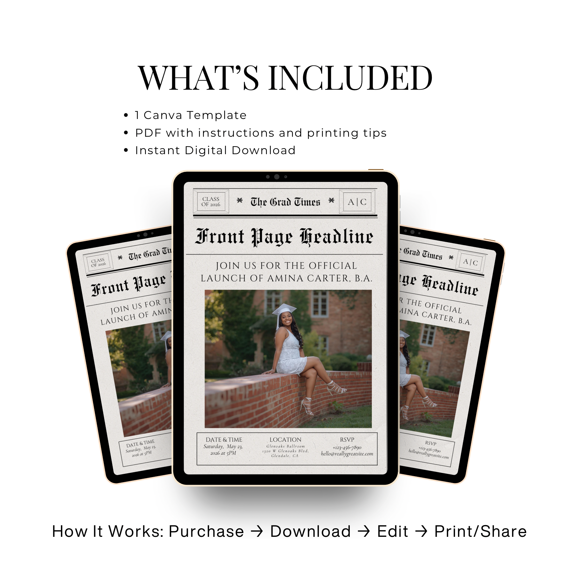 The Grad Times | Newspaper Graduation Invitation | Editable Canva Template