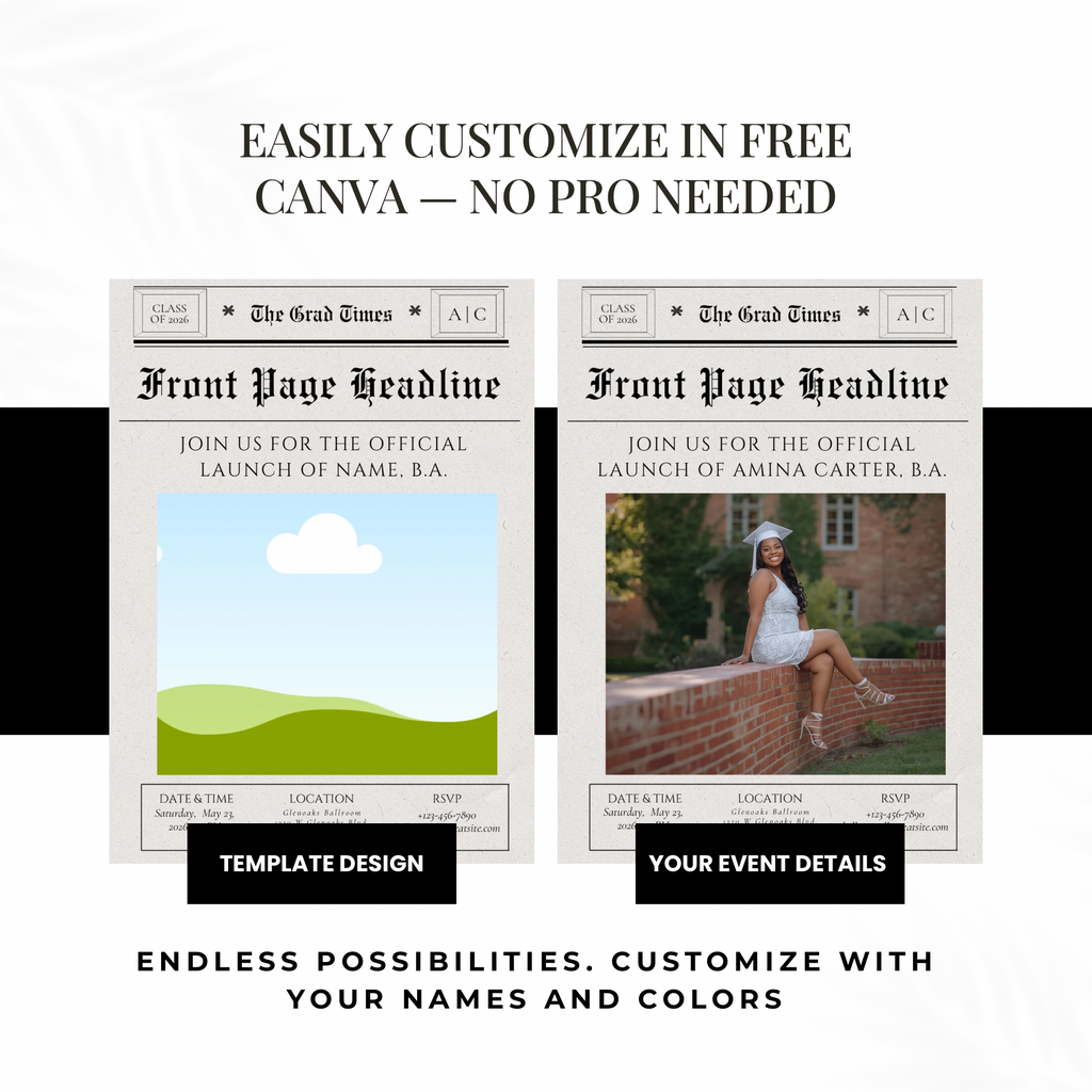 The Grad Times | Newspaper Graduation Invitation | Editable Canva Template
