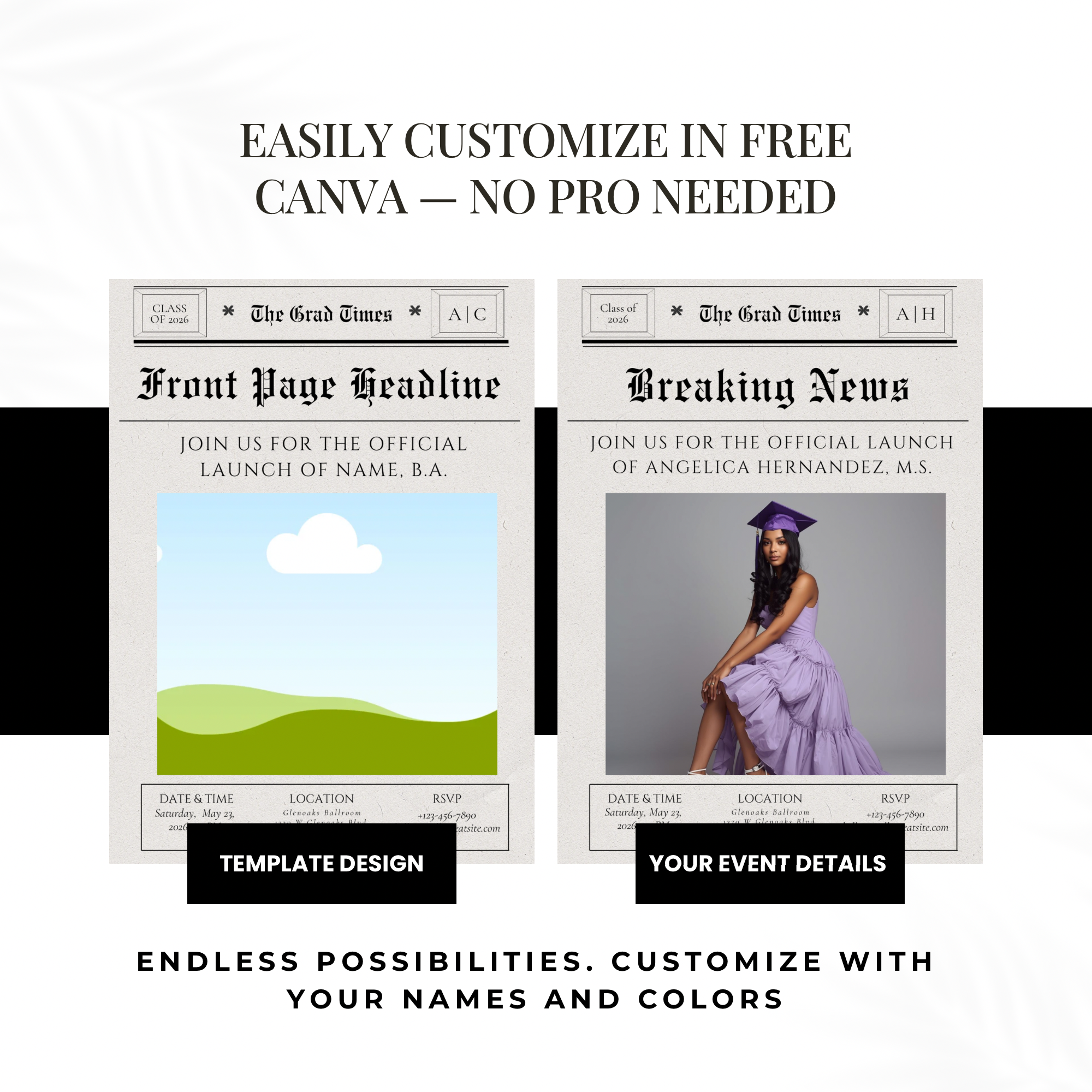 The Grad Times | Newspaper Graduation Invitation | Editable Canva Template