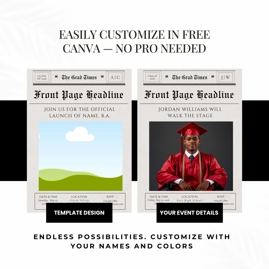 The Grad Times | Newspaper Graduation Invitation | Editable Canva Template