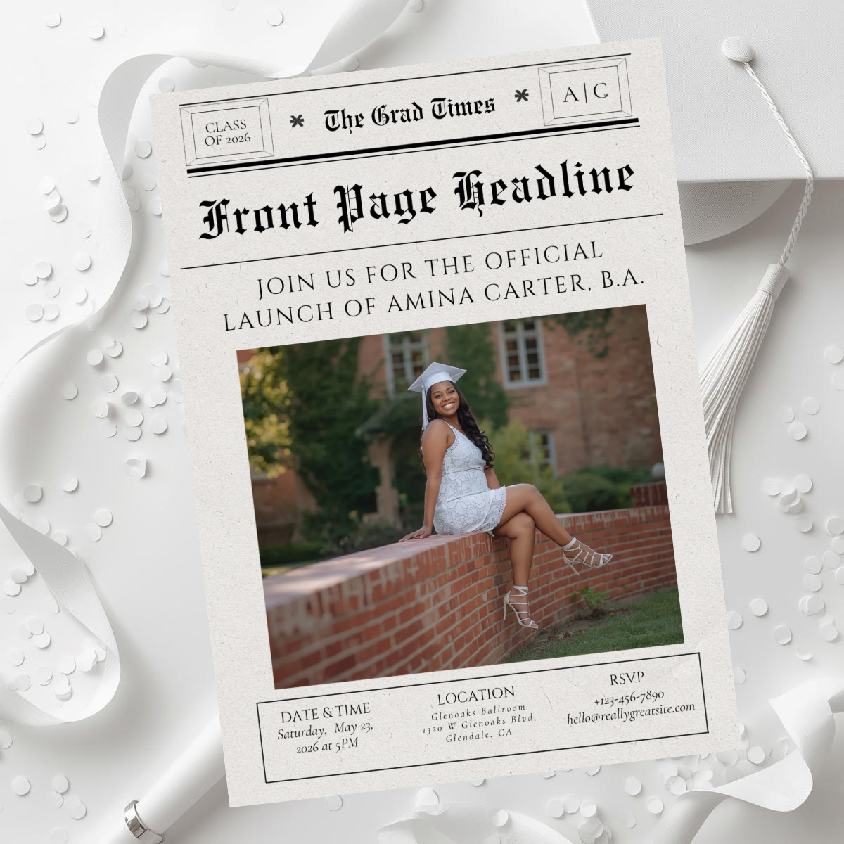 The Grad Times | Newspaper Graduation Invitation | Editable Canva Template