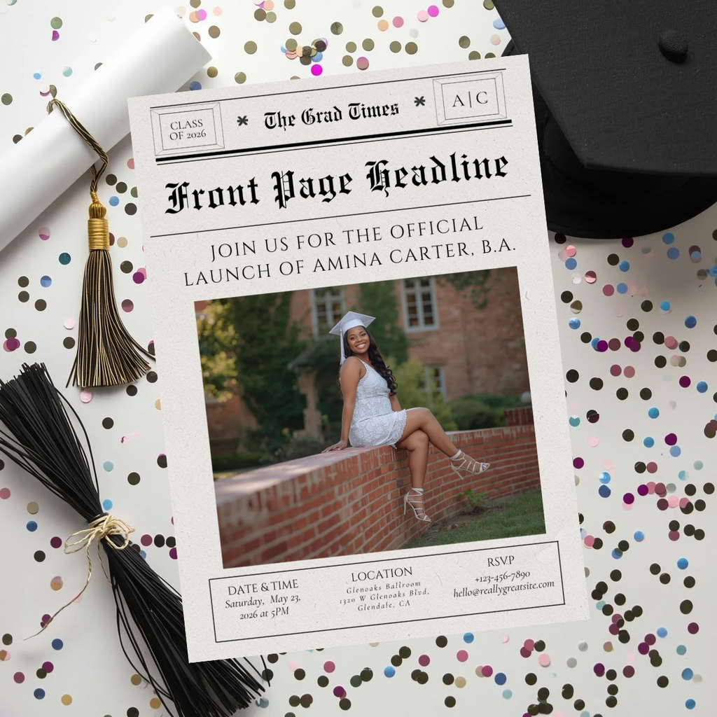 The Grad Times | Newspaper Graduation Invitation | Editable Canva Template