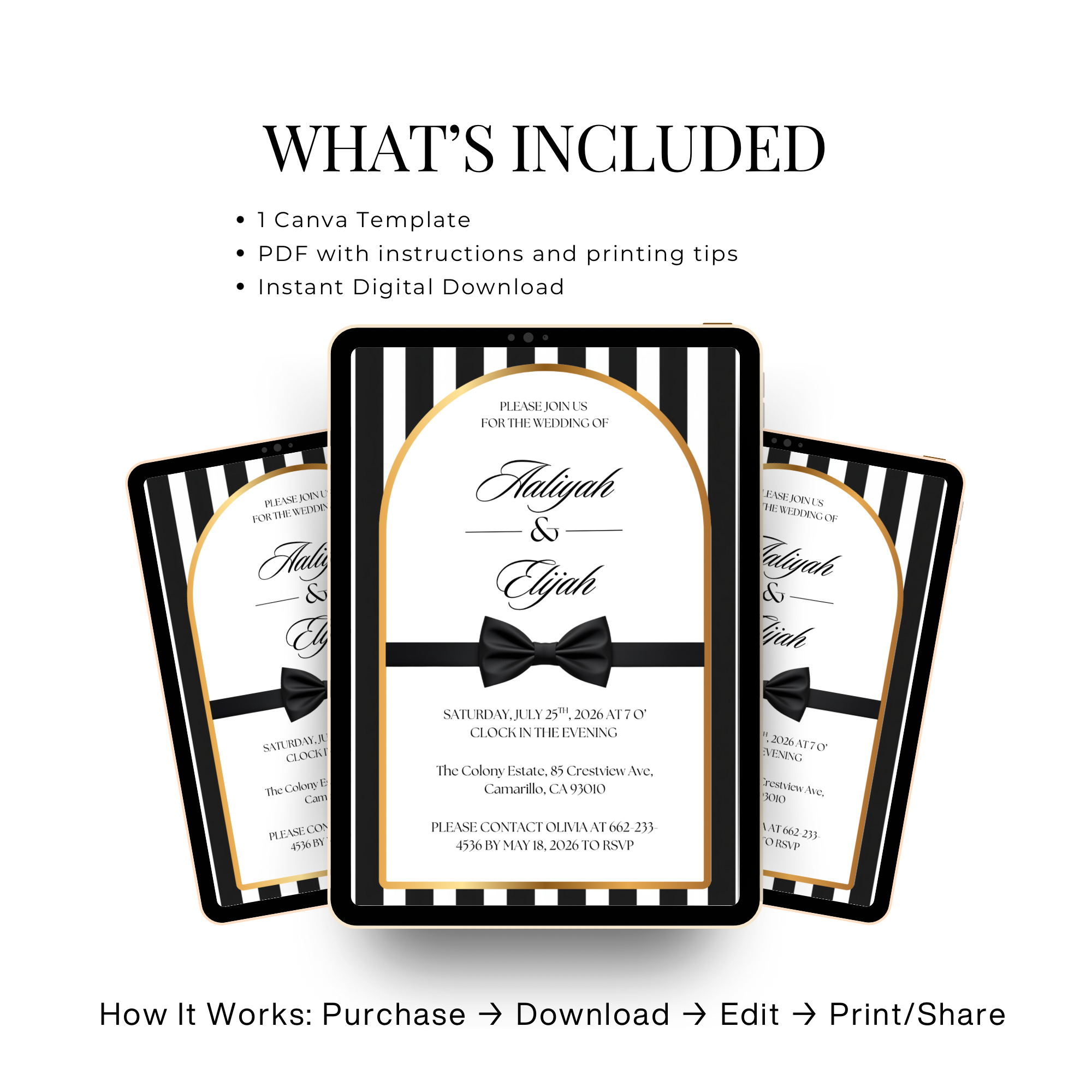 Black Tie Wedding Invitation | Editable Canva Template | Striped black and white