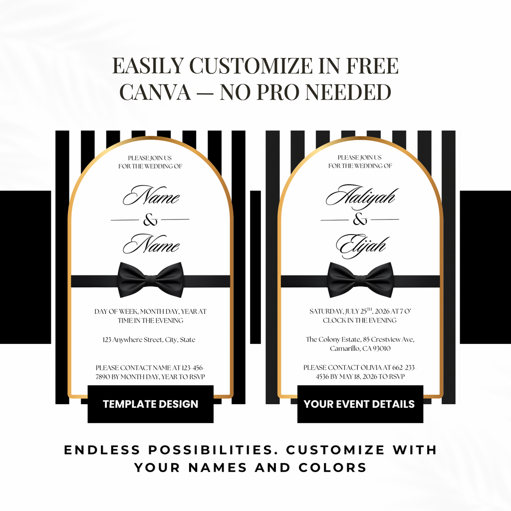 Black Tie Wedding Invitation | Editable Canva Template | Striped black and white