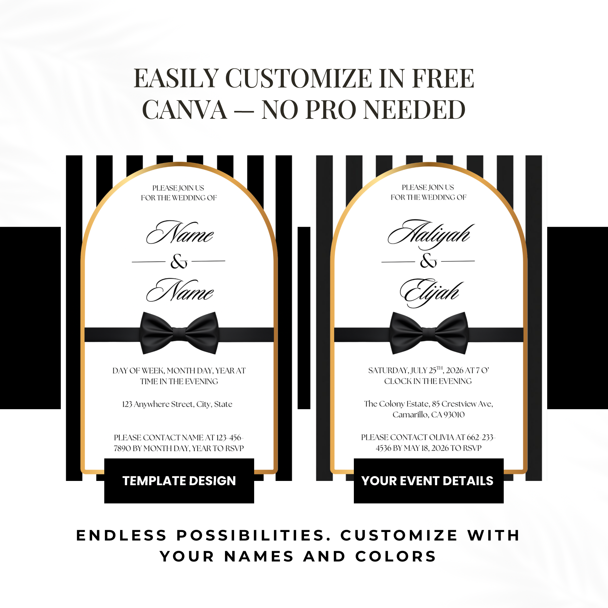 Black Tie Wedding Invitation | Editable Canva Template | Striped black and white