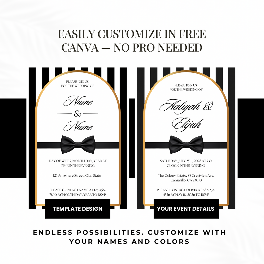 Black Tie Wedding Invitation | Editable Canva Template | Striped black and white