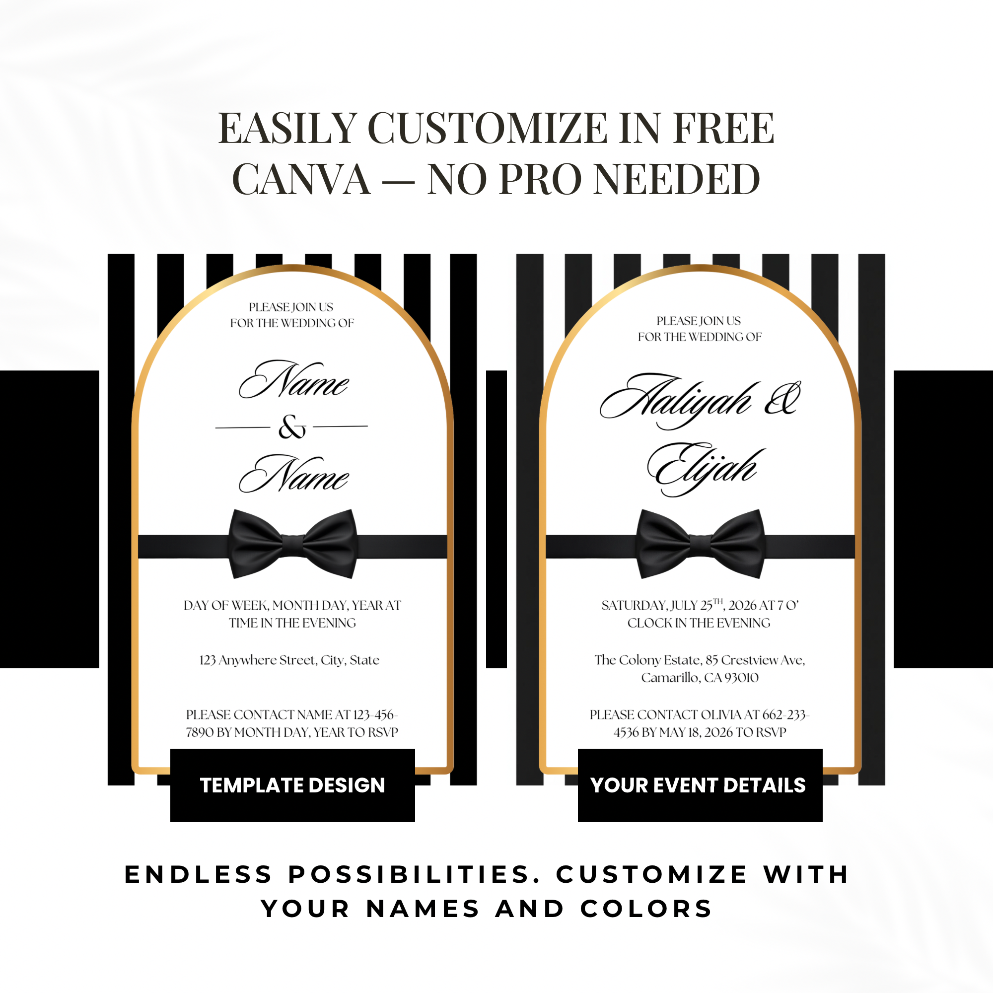 Black Tie Wedding Invitation | Editable Canva Template | Striped black and white