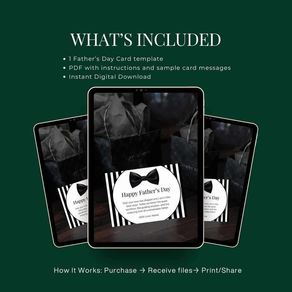 Luxe Father’s Day Card with Bow Tie Design | Editable in Canva | Formal Black and White | Printable Template | Instant Download