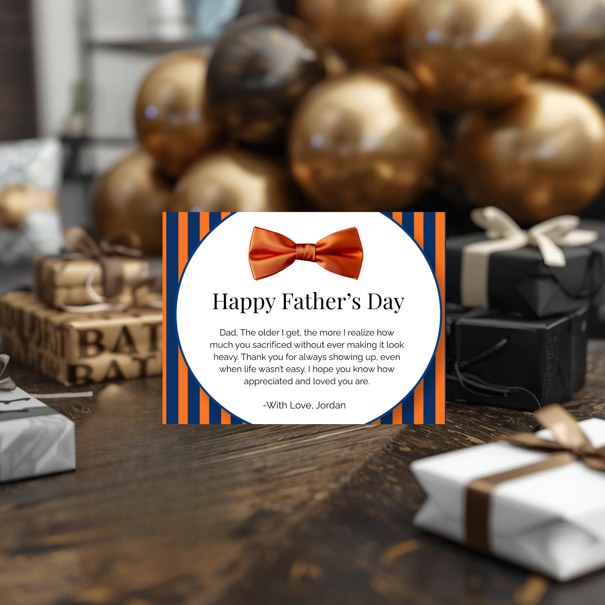 Orange and Blue Father’s Day Card with Bow Tie Design | Editable in Canva