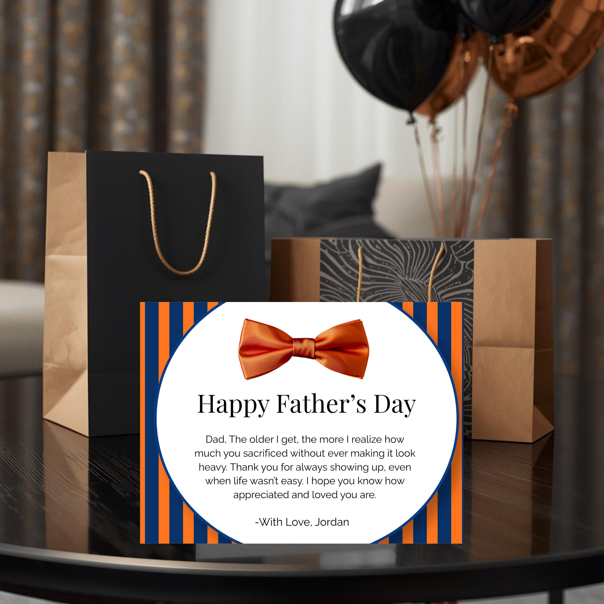 Orange and Blue Father’s Day Card with Bow Tie Design | Editable in Canva