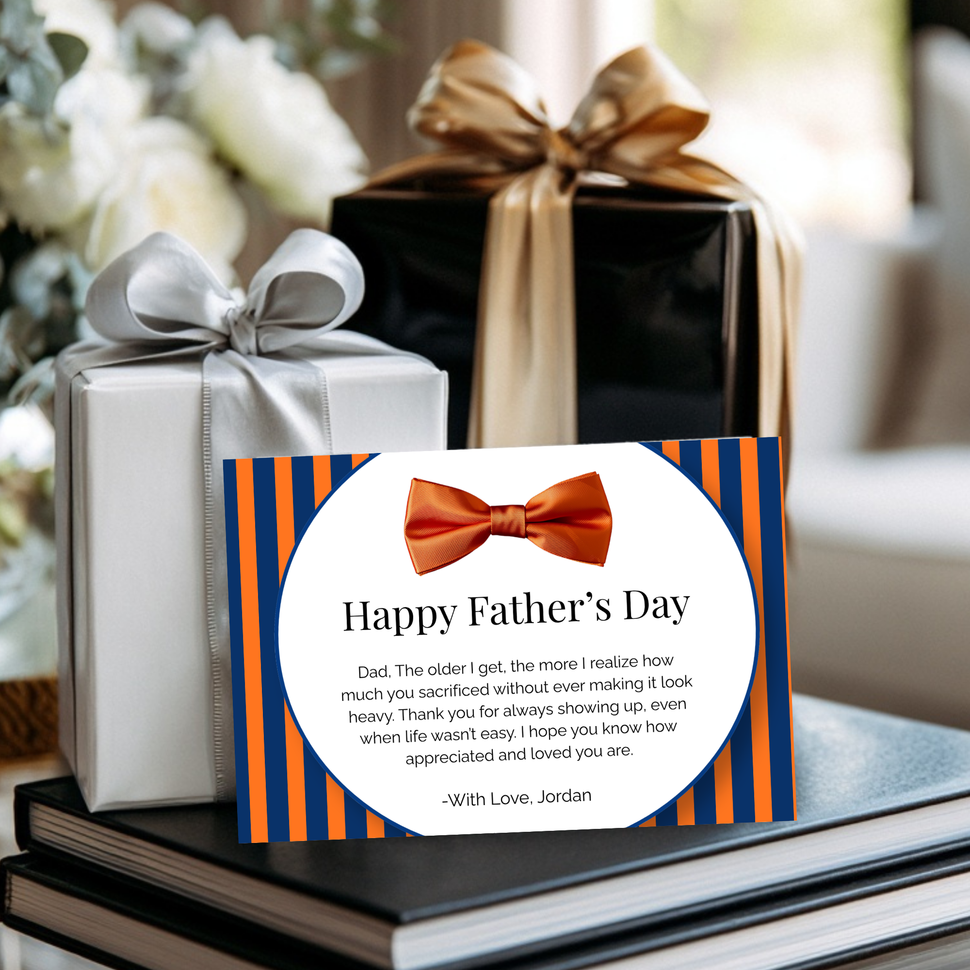 Orange and Blue Father’s Day Card with Bow Tie Design | Editable in Canva