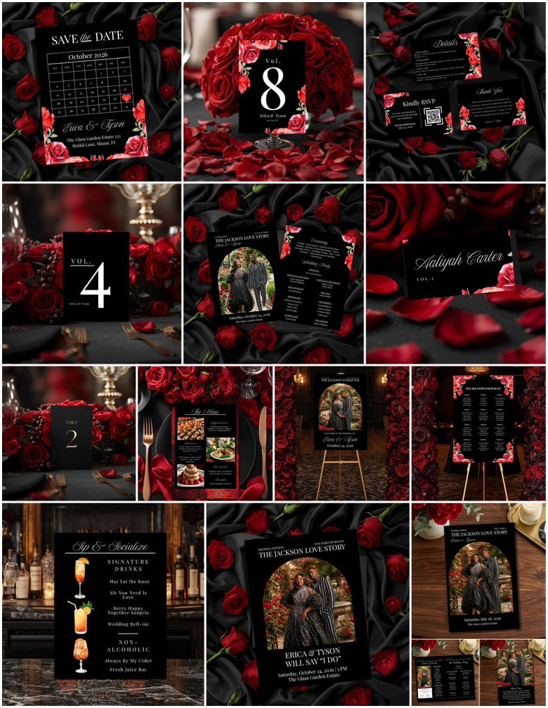 The Love Edit Vol. 2 | Luxe Black and Red Rose Editorial Wedding Suite | Fully Editable in Canva