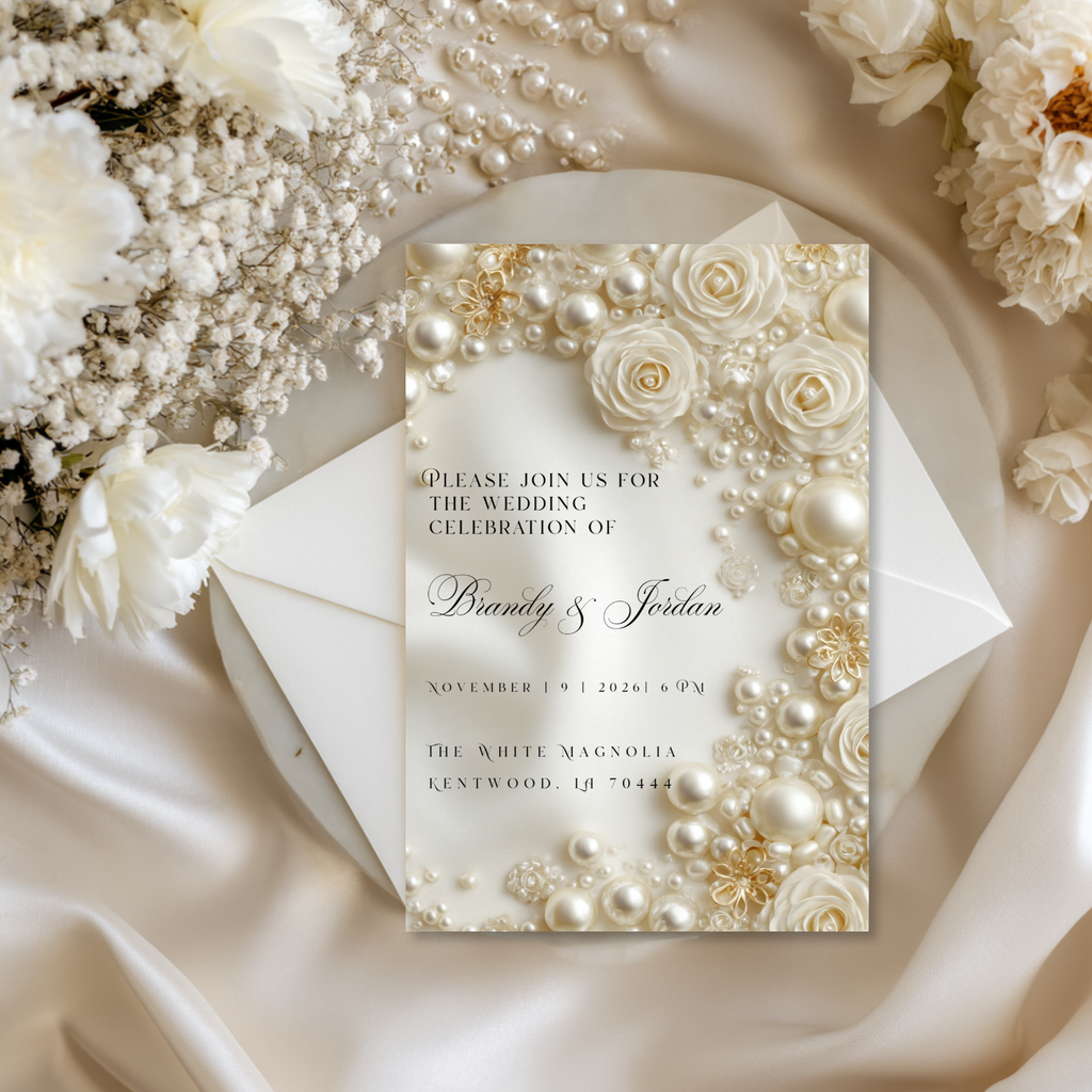 Floral Pearl Wedding Invitation Template | Luxury Glamorous Bridal Invite | Editable Canva Stationery