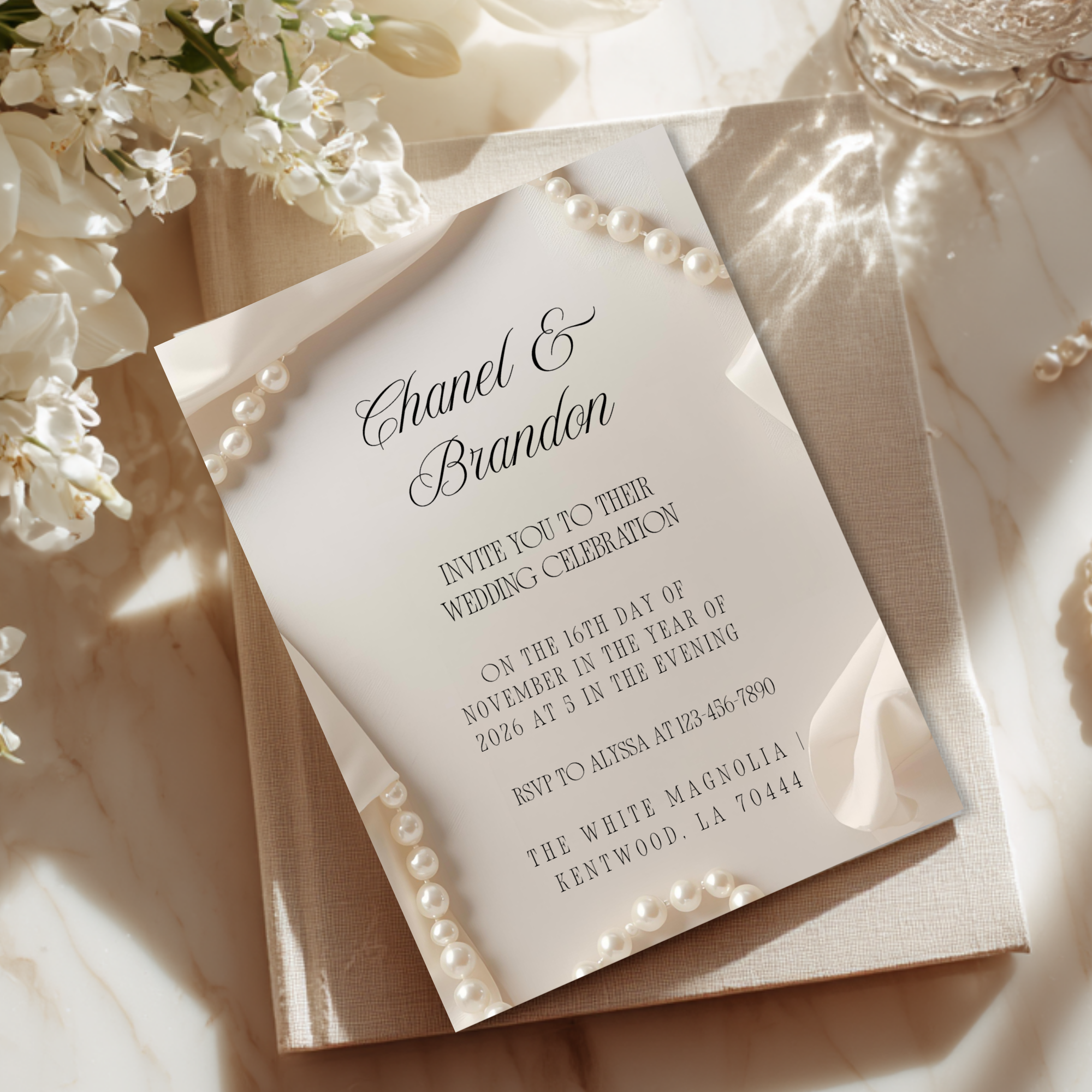 Minimal Pearl Wedding Invitation Template | Modern Elegant Bridal Suite | Editable Canva Invitation