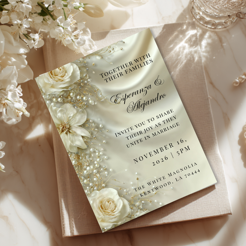 Luxury Satin & Pearl Wedding Invitation | Glamorous Bridal Invitation Template | Editable Canva Design