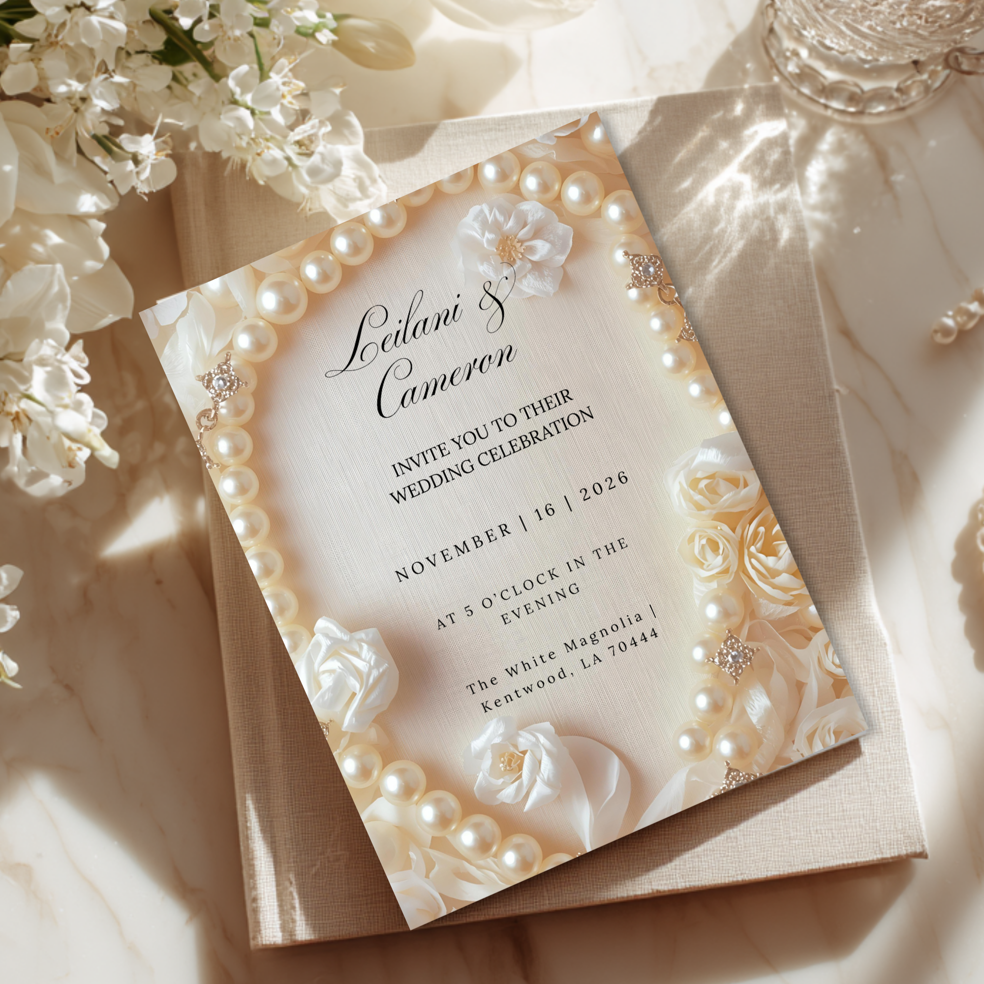 Elegant Pearl Wedding Invitation Template: Ivory Roses (Digital Download)