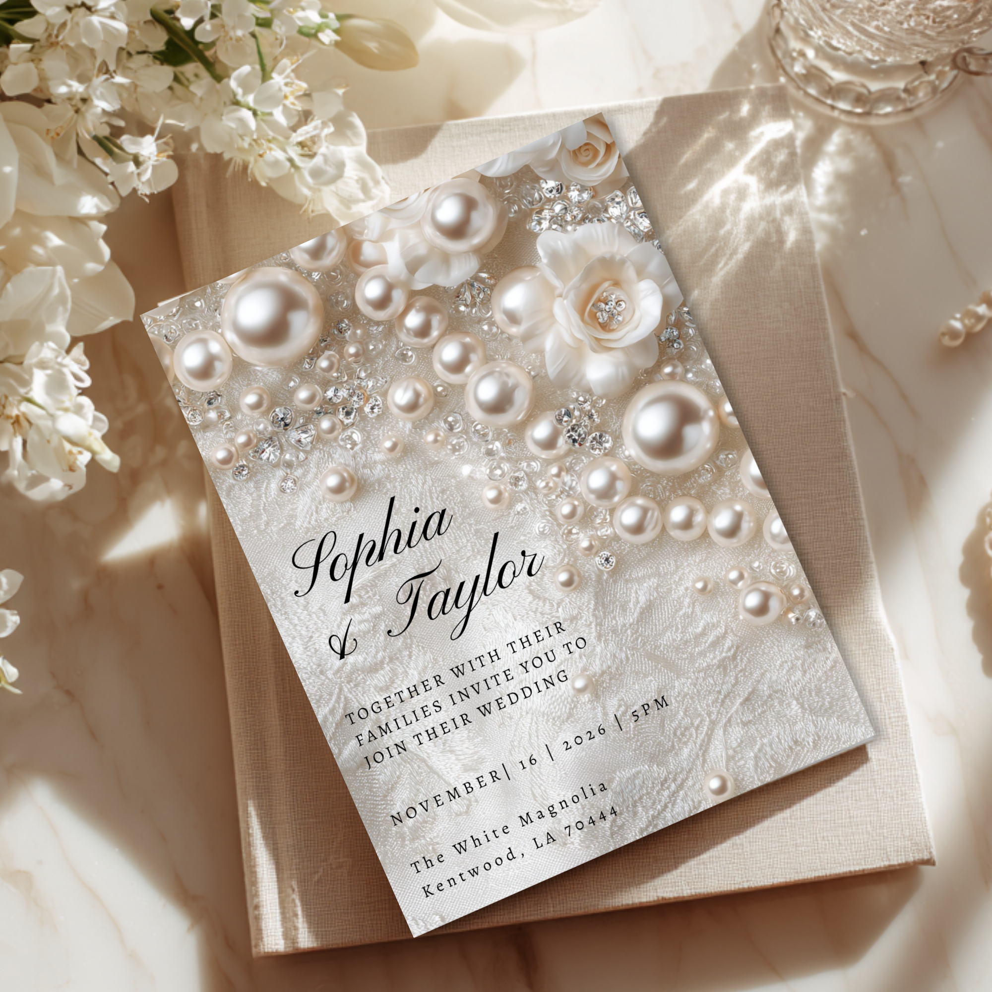 Romantic Pearl Wedding Invitation | Whimsical Elegant Wedding Template | Canva Editable Invite