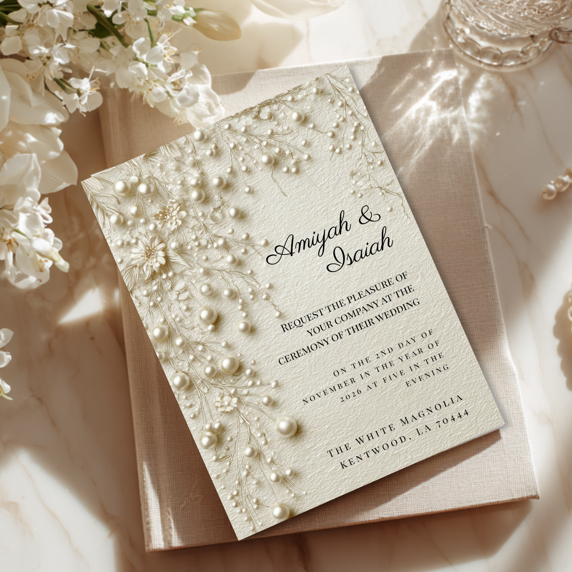 Pearl & Lace Wedding Invitation Template | Vintage Romantic Bridal Invite | Editable Canva Stationery