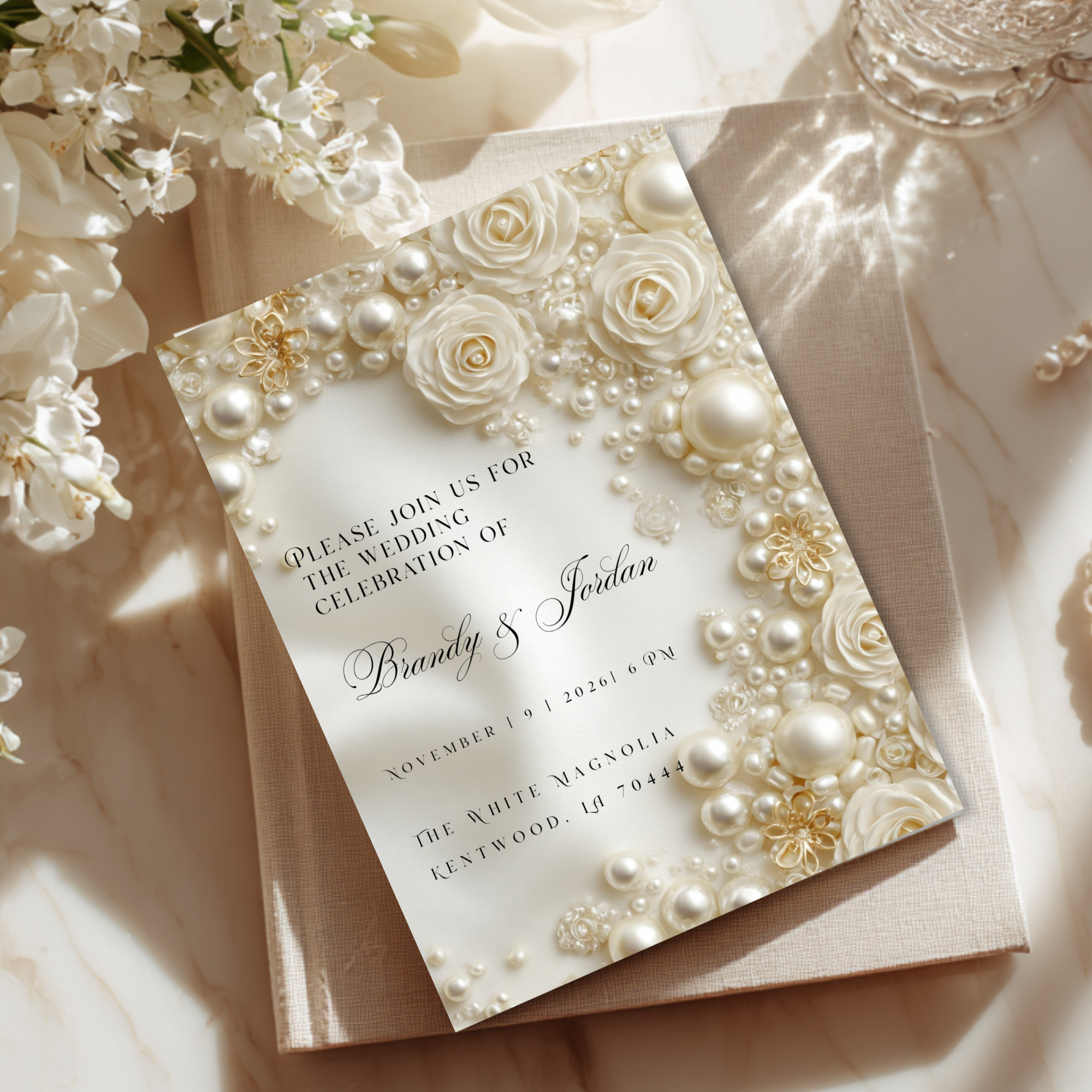 Floral Pearl Wedding Invitation Template | Luxury Glamorous Bridal Invite | Editable Canva Stationery