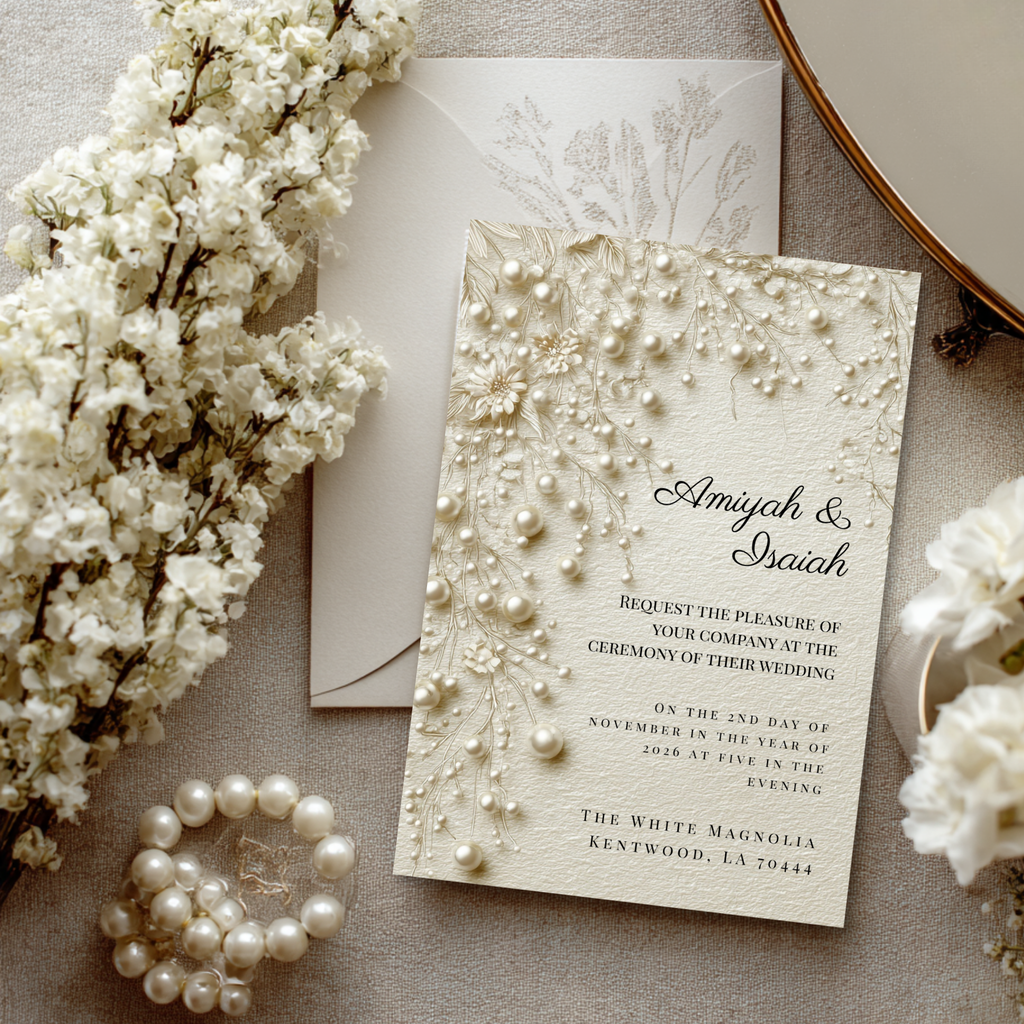 Pearl & Lace Wedding Invitation Template | Vintage Romantic Bridal Invite | Editable Canva Stationery