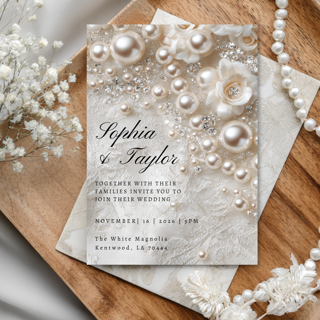 Romantic Pearl Wedding Invitation | Whimsical Elegant Wedding Template | Canva Editable Invite