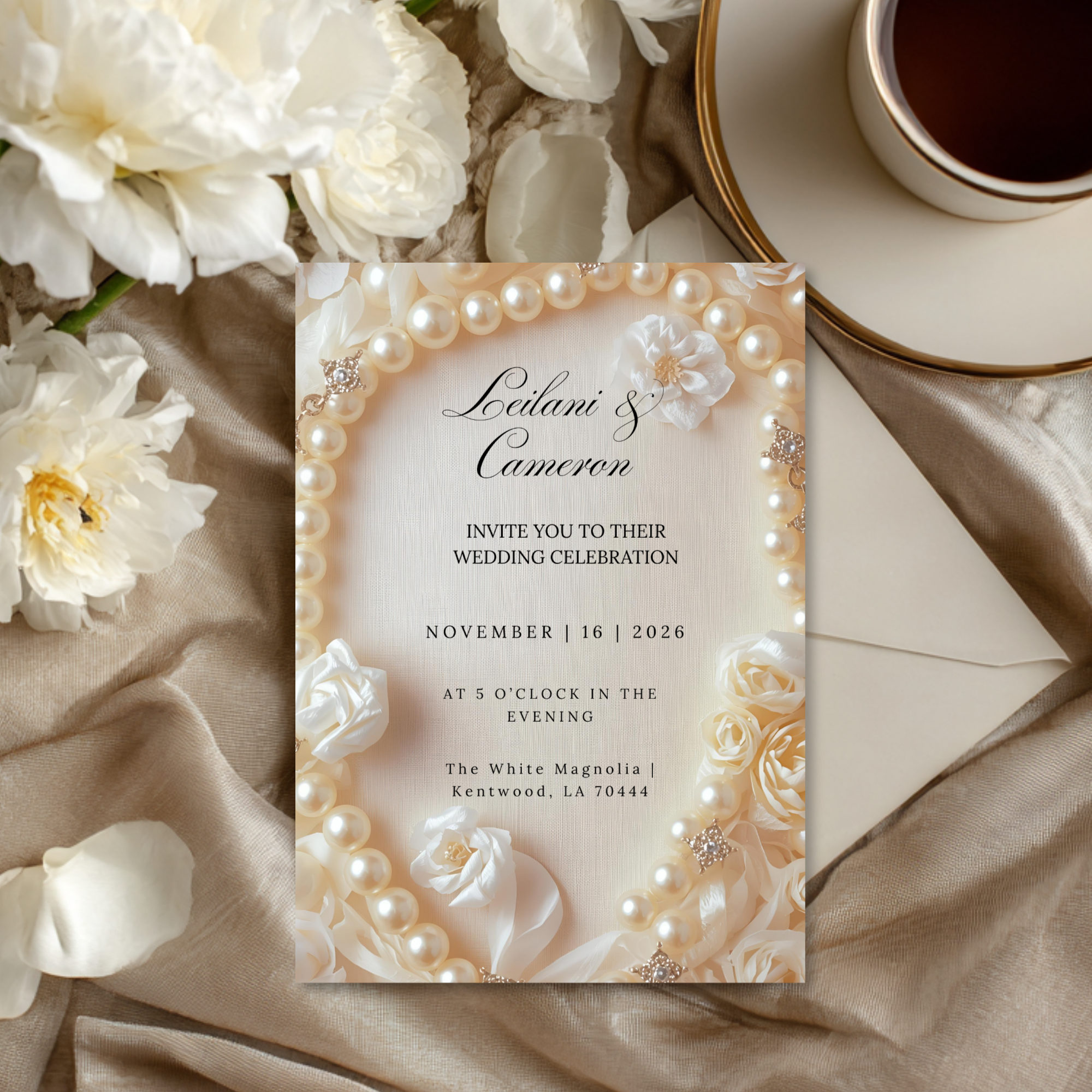 Elegant Pearl Wedding Invitation Template: Ivory Roses (Digital Download)