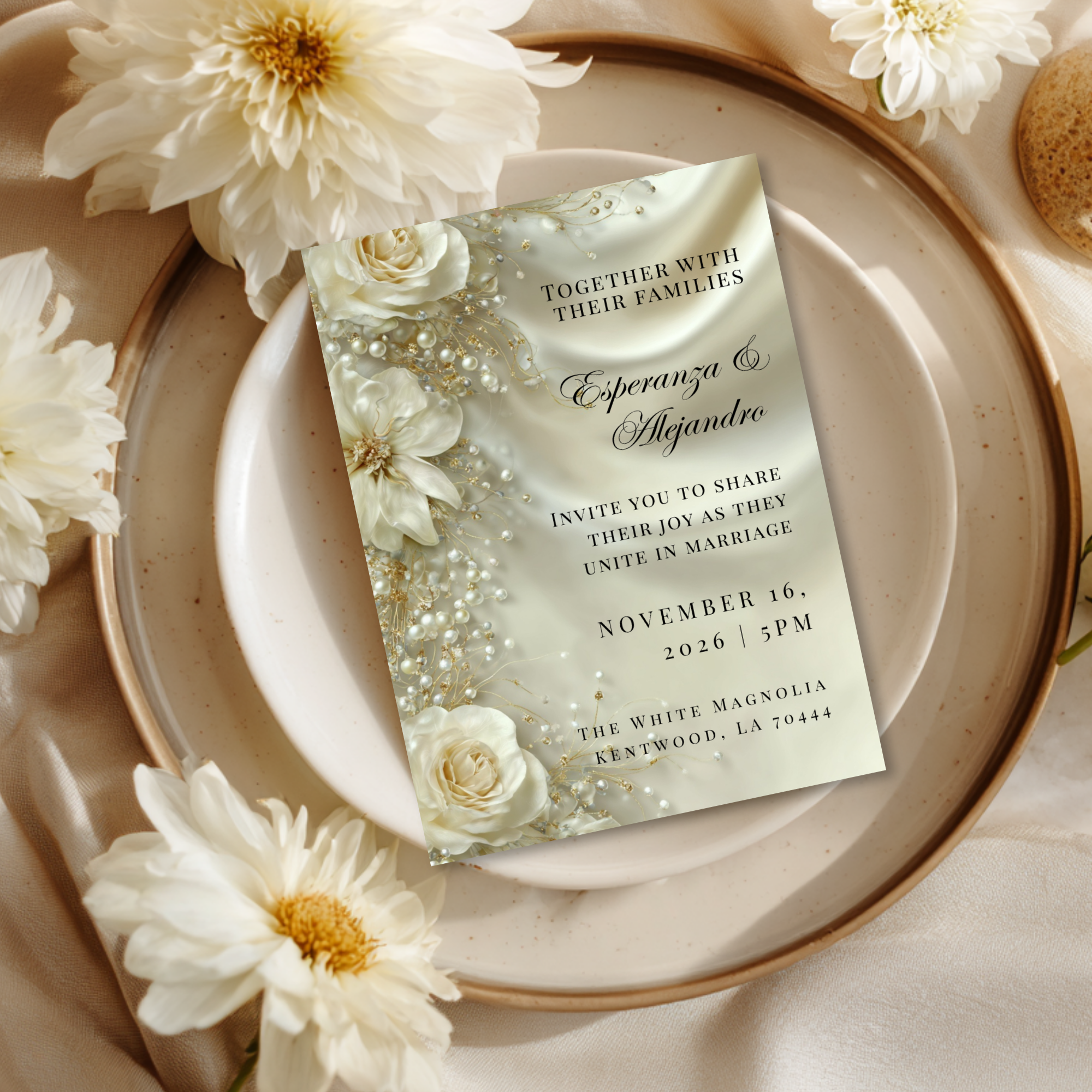 Luxury Satin & Pearl Wedding Invitation | Glamorous Bridal Invitation Template | Editable Canva Design
