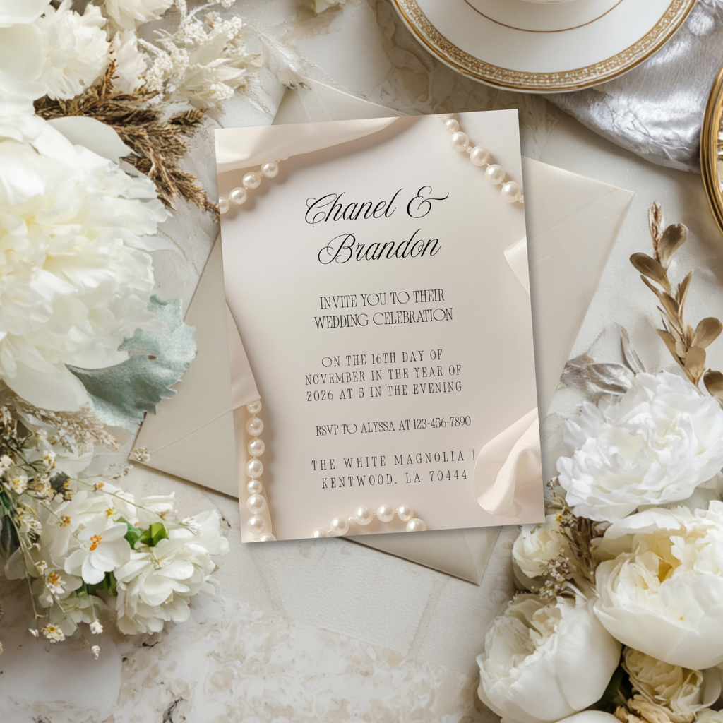 Minimal Pearl Wedding Invitation Template | Modern Elegant Bridal Suite | Editable Canva Invitation