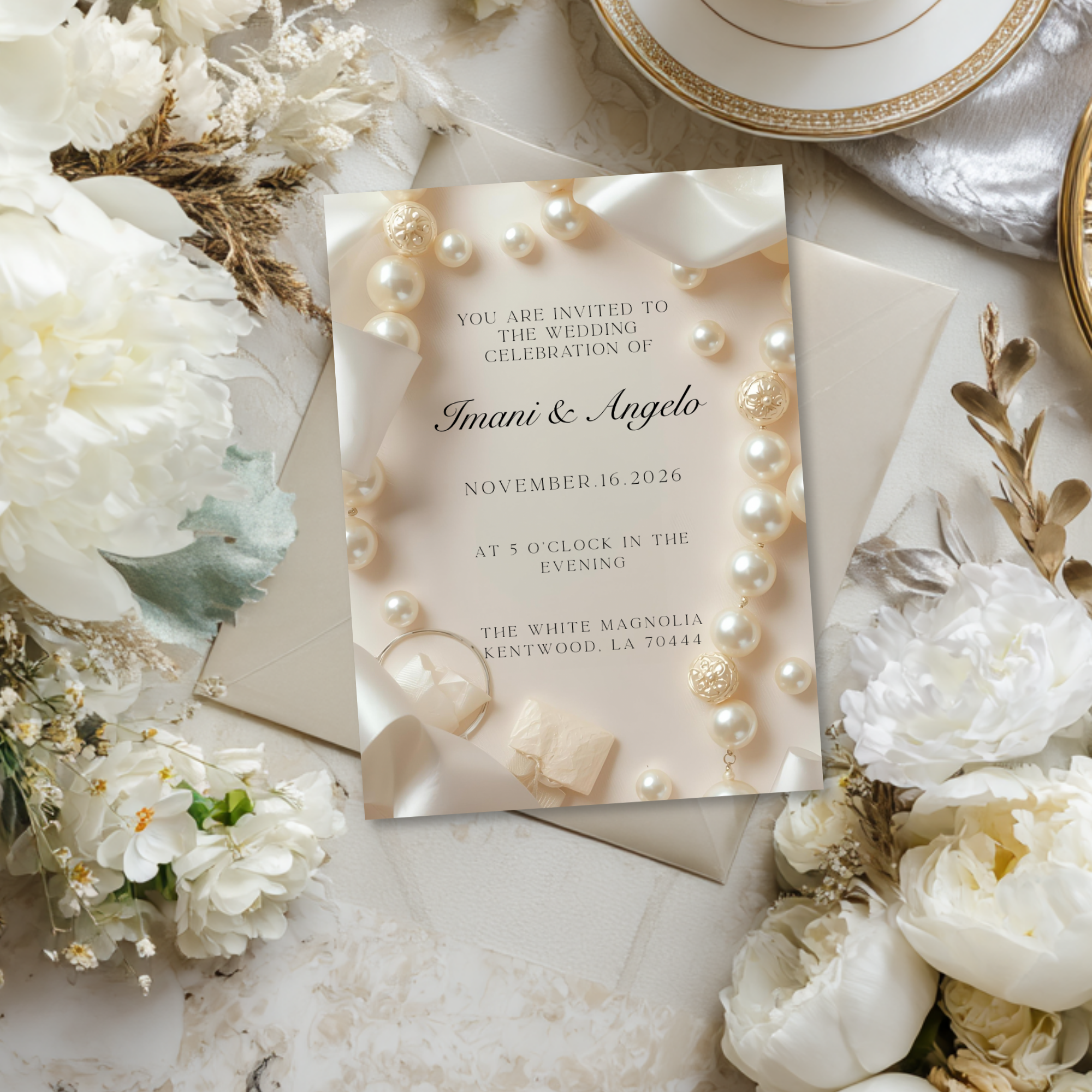 Elegant Pearl Wedding Invitation Template: Ivory Roses (Digital Download)