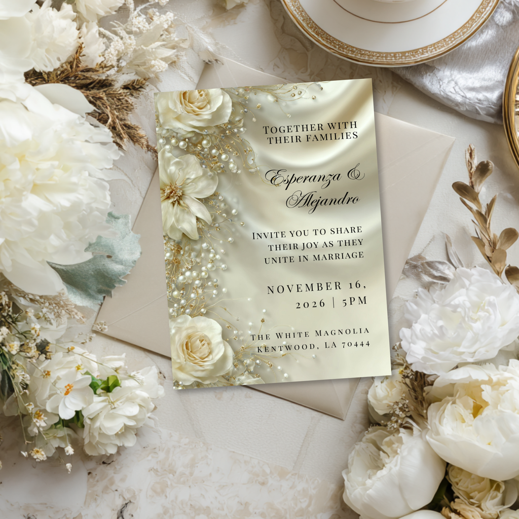 Luxury Satin & Pearl Wedding Invitation | Glamorous Bridal Invitation Template | Editable Canva Design
